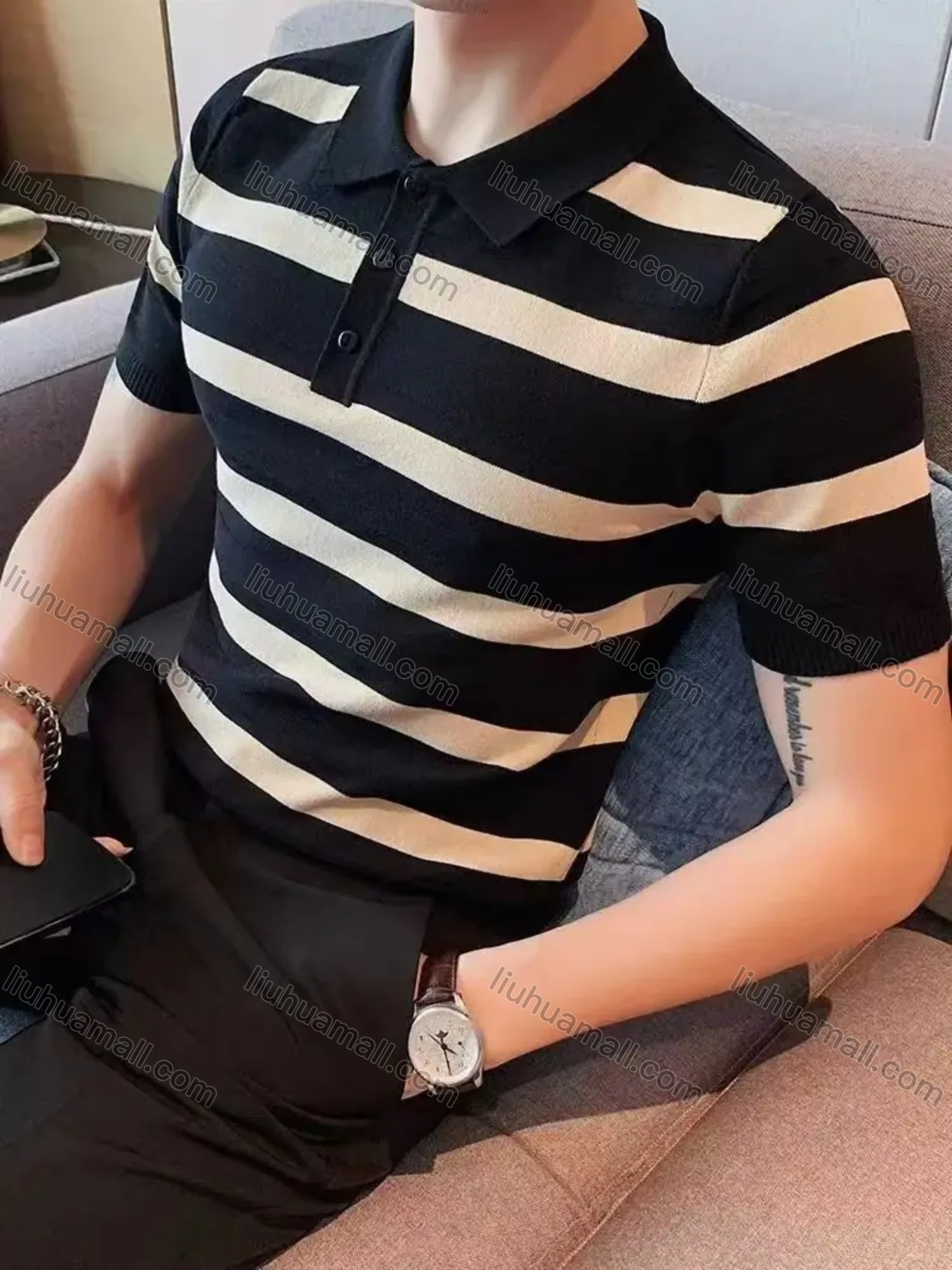 Wholesale Oscar factory casual men's knitted polo sweater, comfortable soft fabric, striped top, a must-choose for men - Liuhuamall