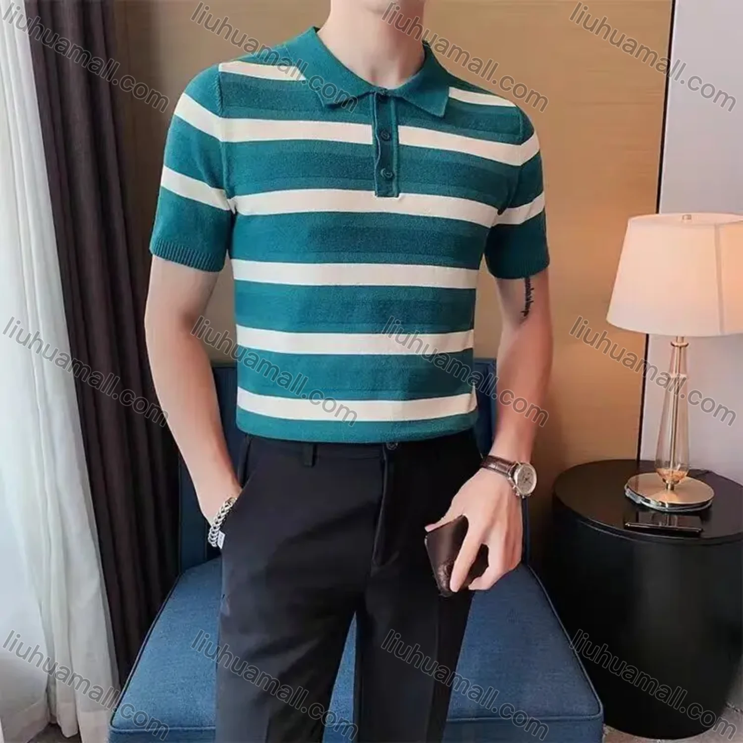 Wholesale Oscar factory casual men's knitted polo sweater, comfortable soft fabric, striped top, a must-choose for men - Liuhuamall