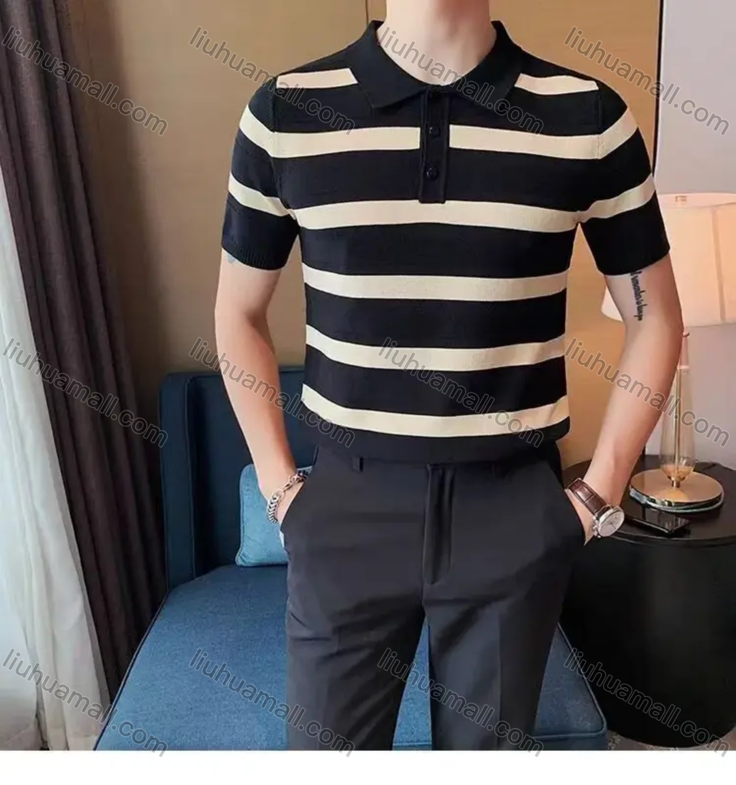 Wholesale Oscar factory casual men's knitted polo sweater, comfortable soft fabric, striped top, a must-choose for men - Liuhuamall
