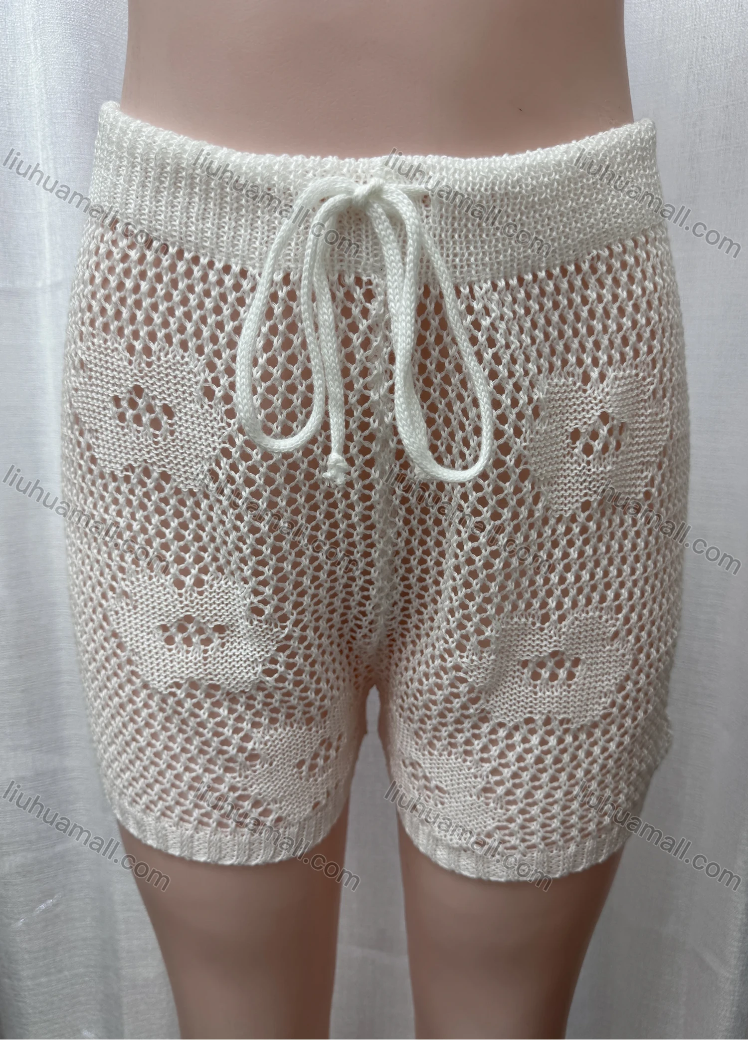 Wholesale Women's Vacation Hollow Out Semi-Sheer Drawstring Plain Floral Design Shorts 80318# - Liuhuamall