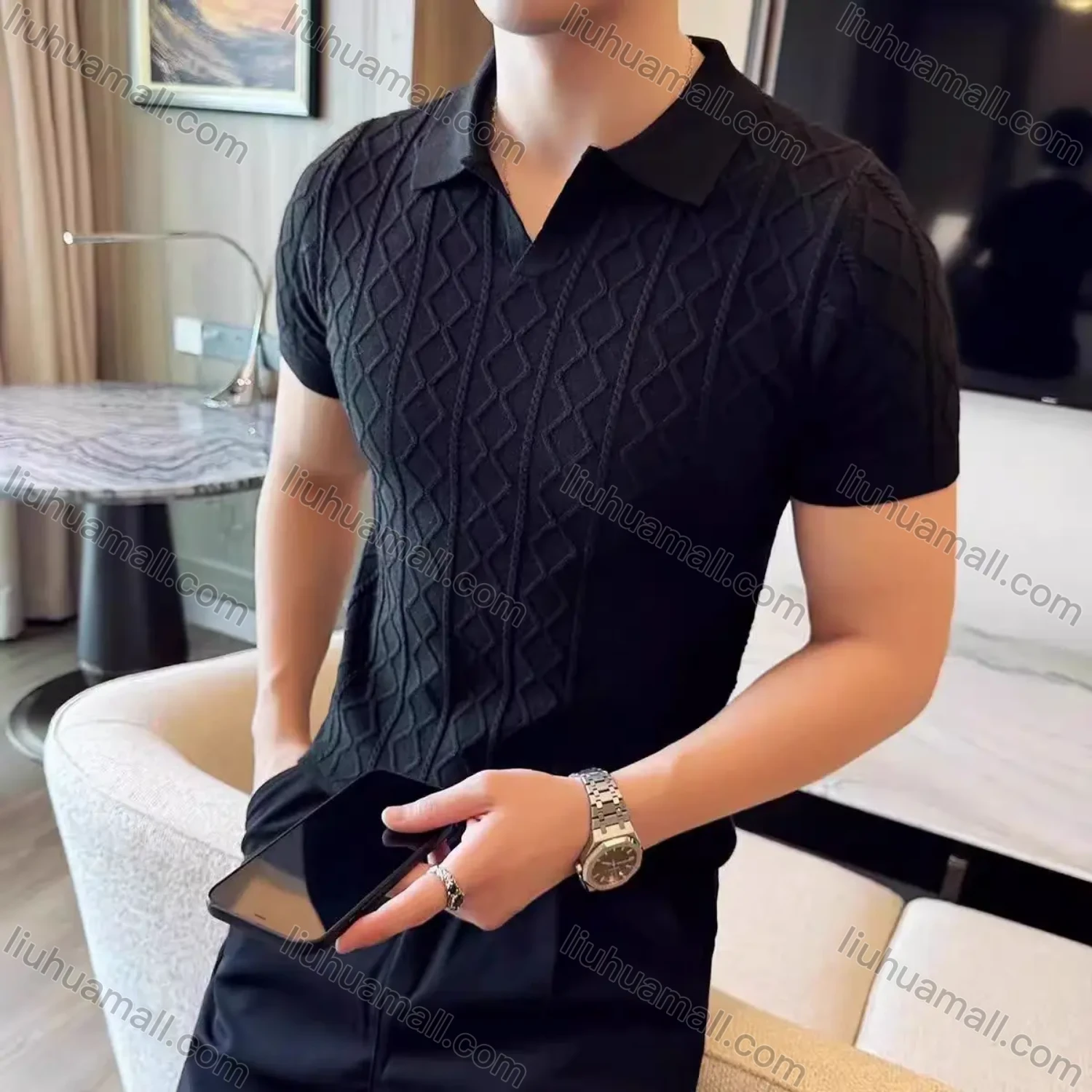 Wholesale Oscar factory men's comfortable short-sleeve polo shirt, knitted diamond-pattern top, warm and soft fabric. - Liuhuamall