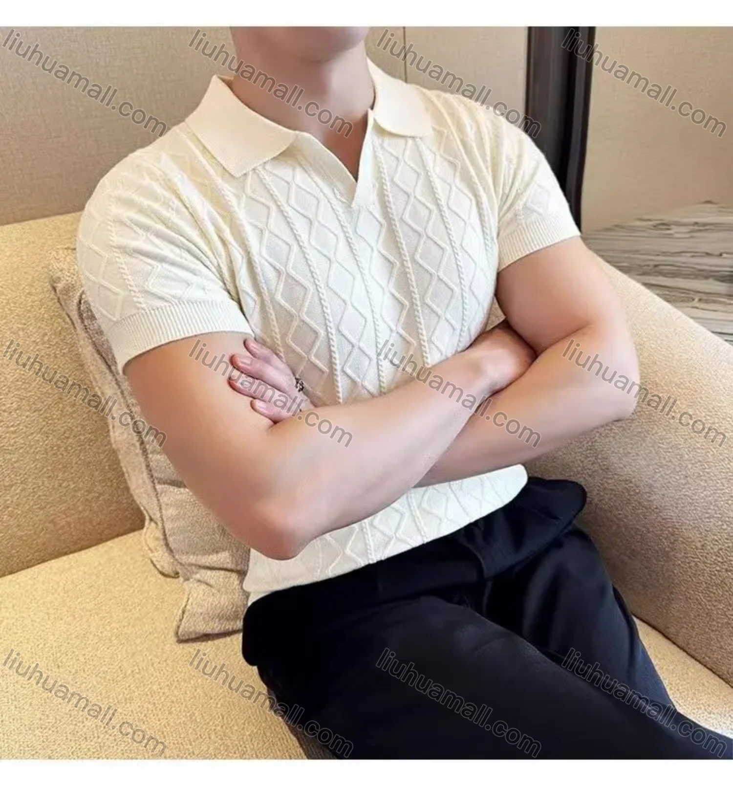 Wholesale Oscar factory men's comfortable short-sleeve polo shirt, knitted diamond-pattern top, warm and soft fabric. - Liuhuamall