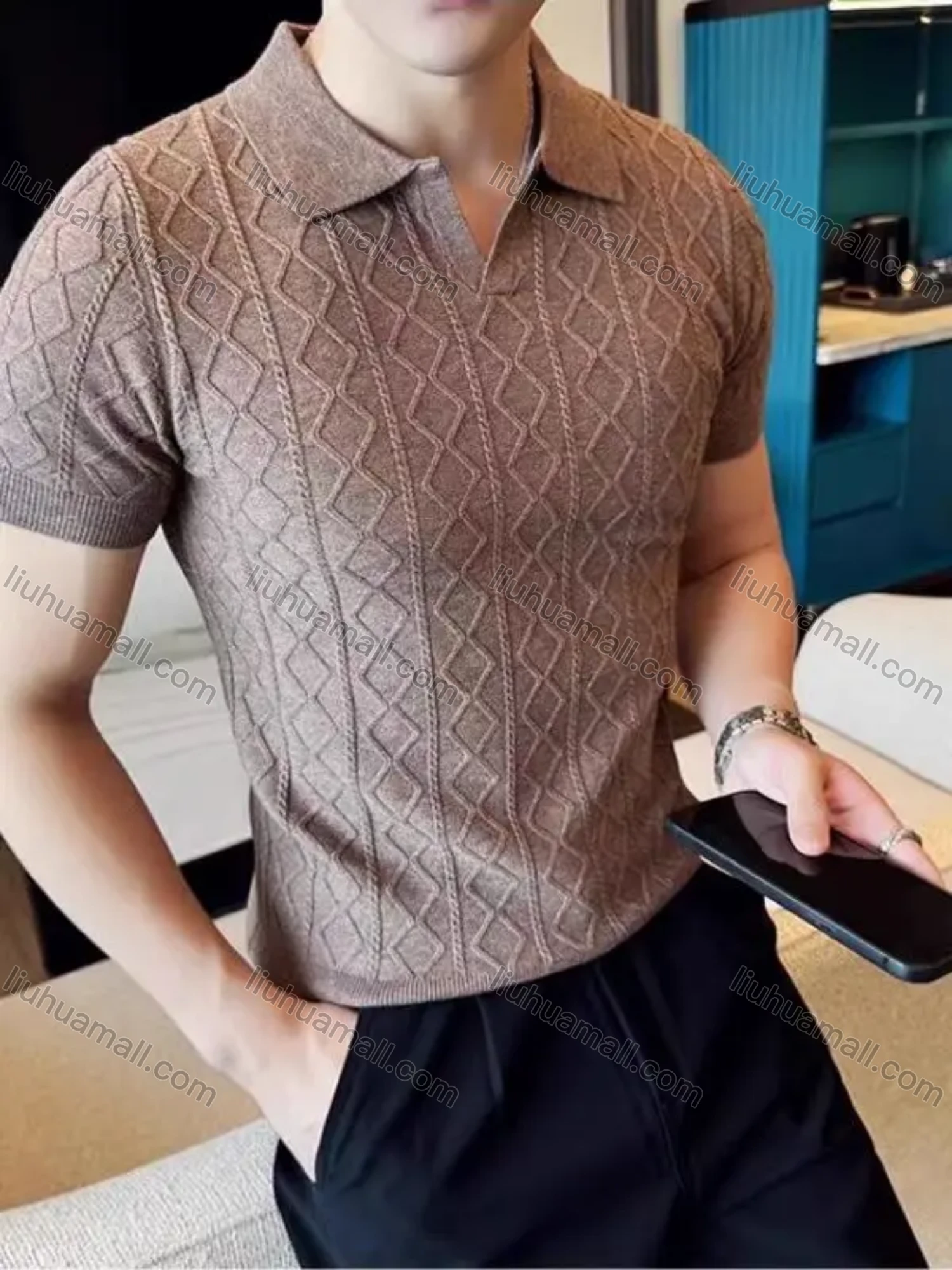Wholesale Oscar factory men's comfortable short-sleeve polo shirt, knitted diamond-pattern top, warm and soft fabric. - Liuhuamall