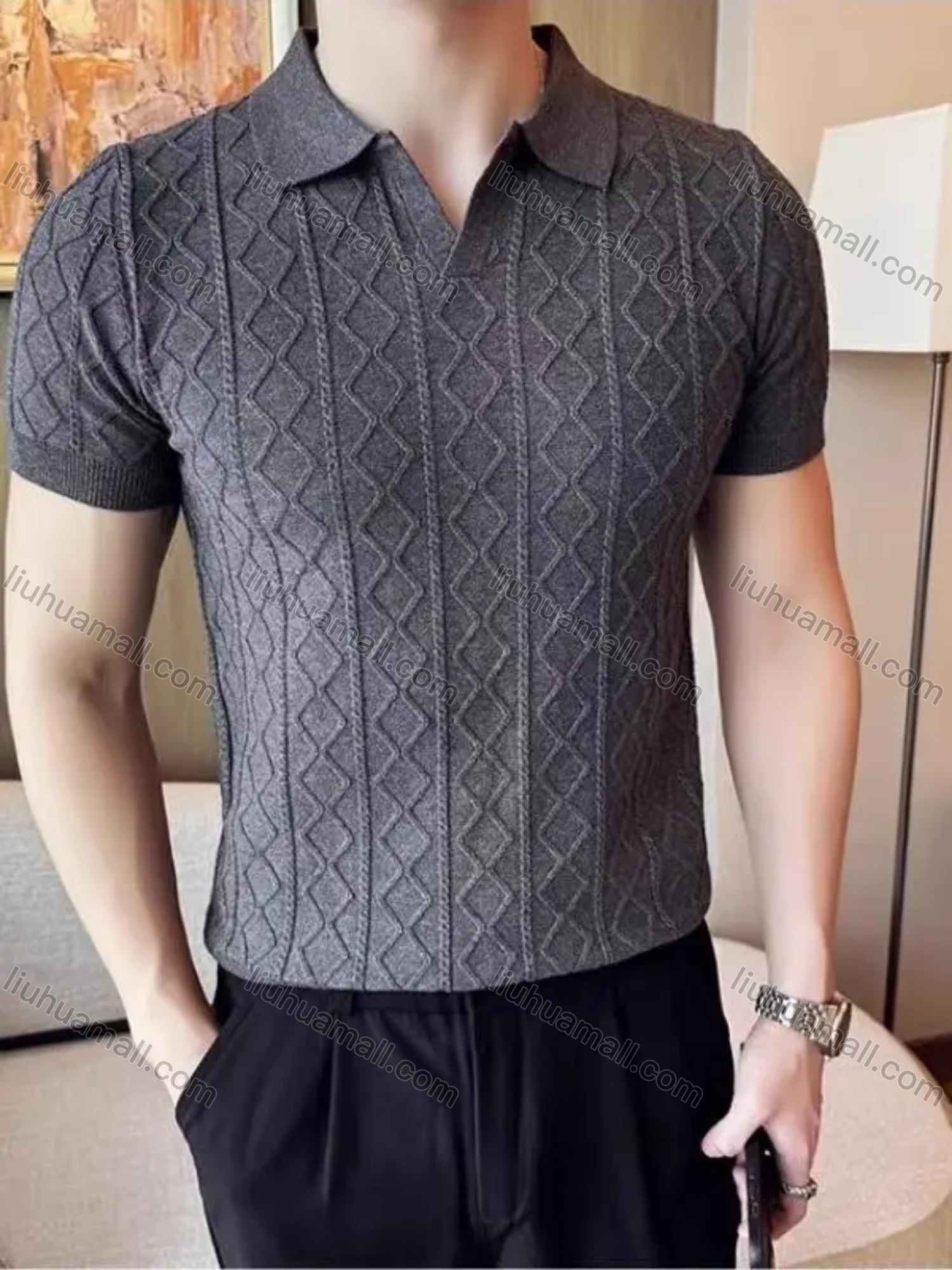Wholesale Oscar factory men's comfortable short-sleeve polo shirt, knitted diamond-pattern top, warm and soft fabric. - Liuhuamall