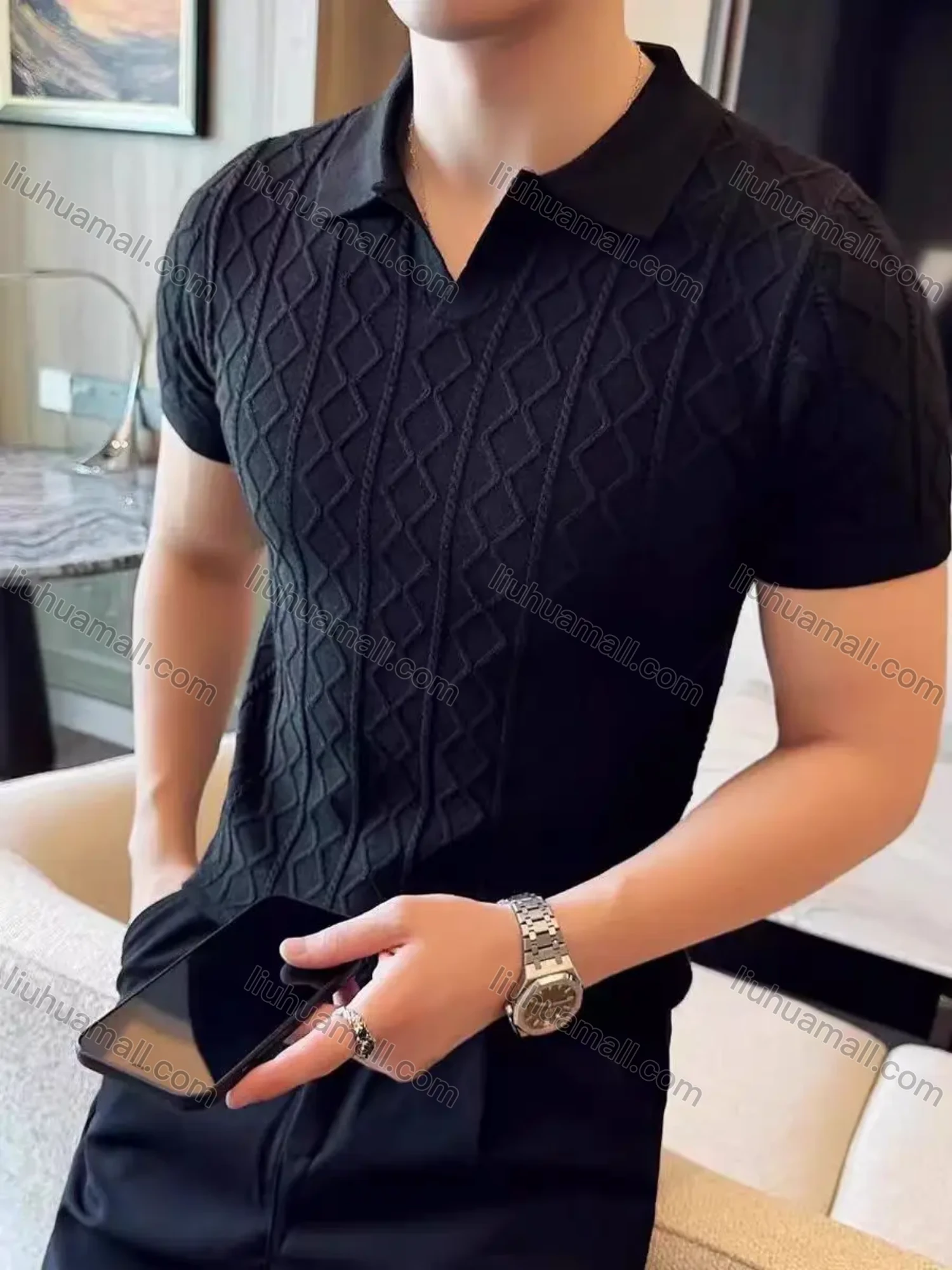 Wholesale Oscar factory men's comfortable short-sleeve polo shirt, knitted diamond-pattern top, warm and soft fabric. - Liuhuamall