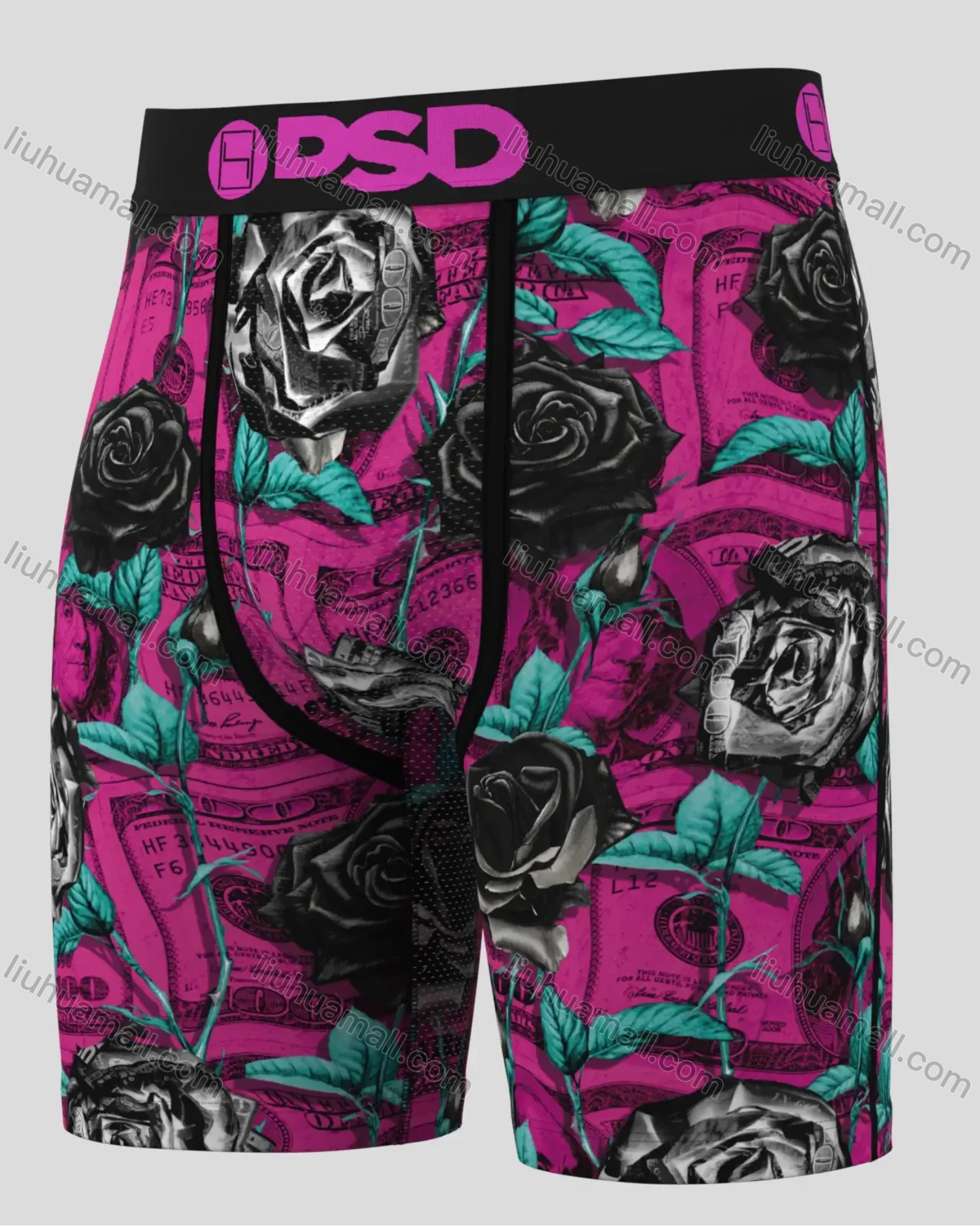 Wholesale Men's Pink Boxer Briefs with Black Rose & Dollar Bill Print - High-Waist Stretch Comfort, Streetwear Style Wholesale - Liuhuamall