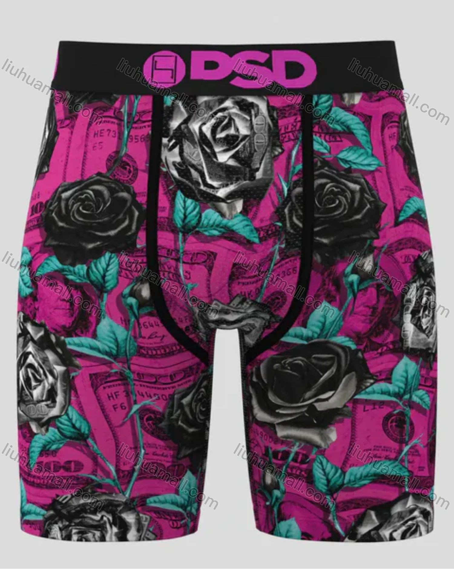 Wholesale Men's Pink Boxer Briefs with Black Rose & Dollar Bill Print - High-Waist Stretch Comfort, Streetwear Style Wholesale - Liuhuamall