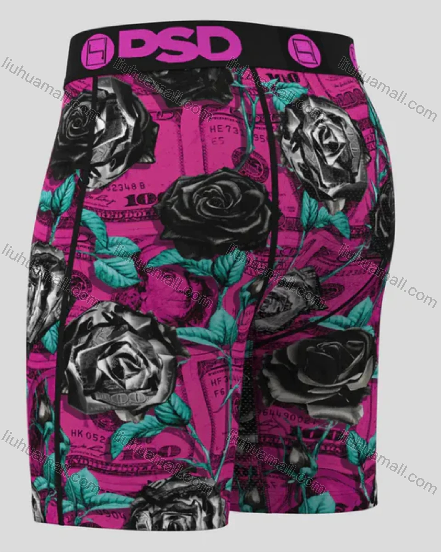 Wholesale Men's Pink Boxer Briefs with Black Rose & Dollar Bill Print - High-Waist Stretch Comfort, Streetwear Style Wholesale - Liuhuamall