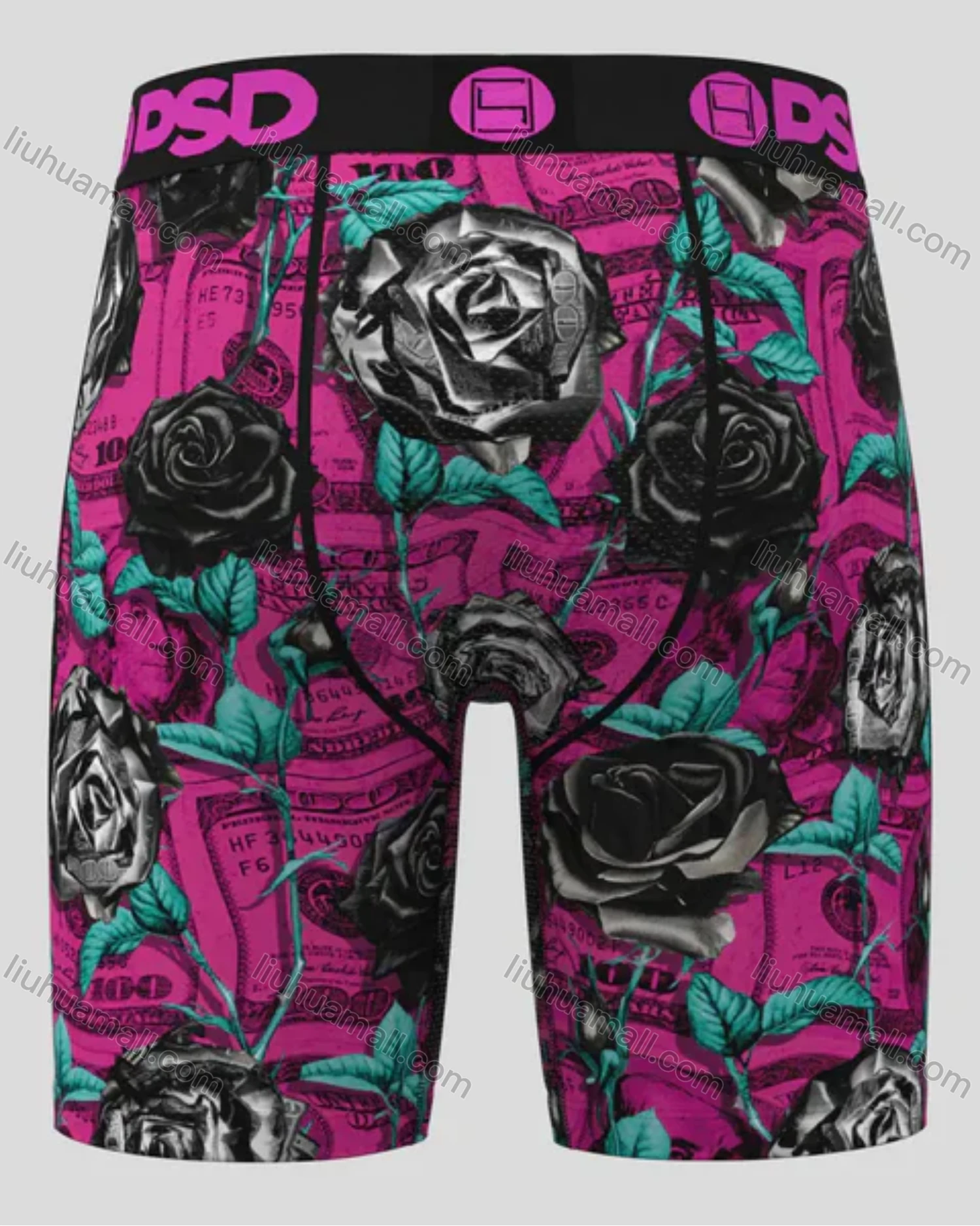 Wholesale Men's Pink Boxer Briefs with Black Rose & Dollar Bill Print - High-Waist Stretch Comfort, Streetwear Style Wholesale - Liuhuamall