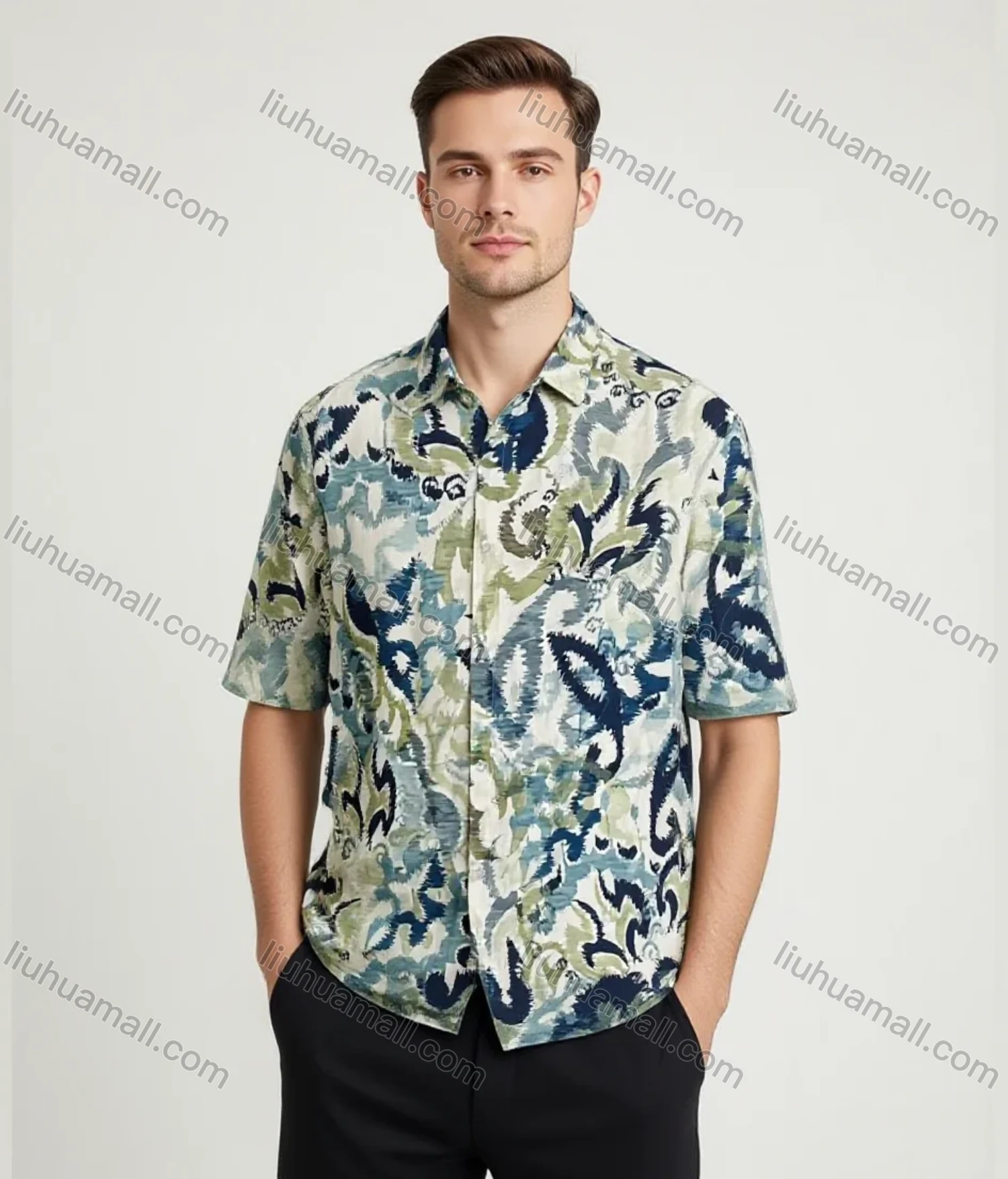 Wholesale Vibrant Men's Floral Print Shirt Wholesale - Blue Green Abstract Design, Short Sleeve, Fashion Top - Liuhuamall