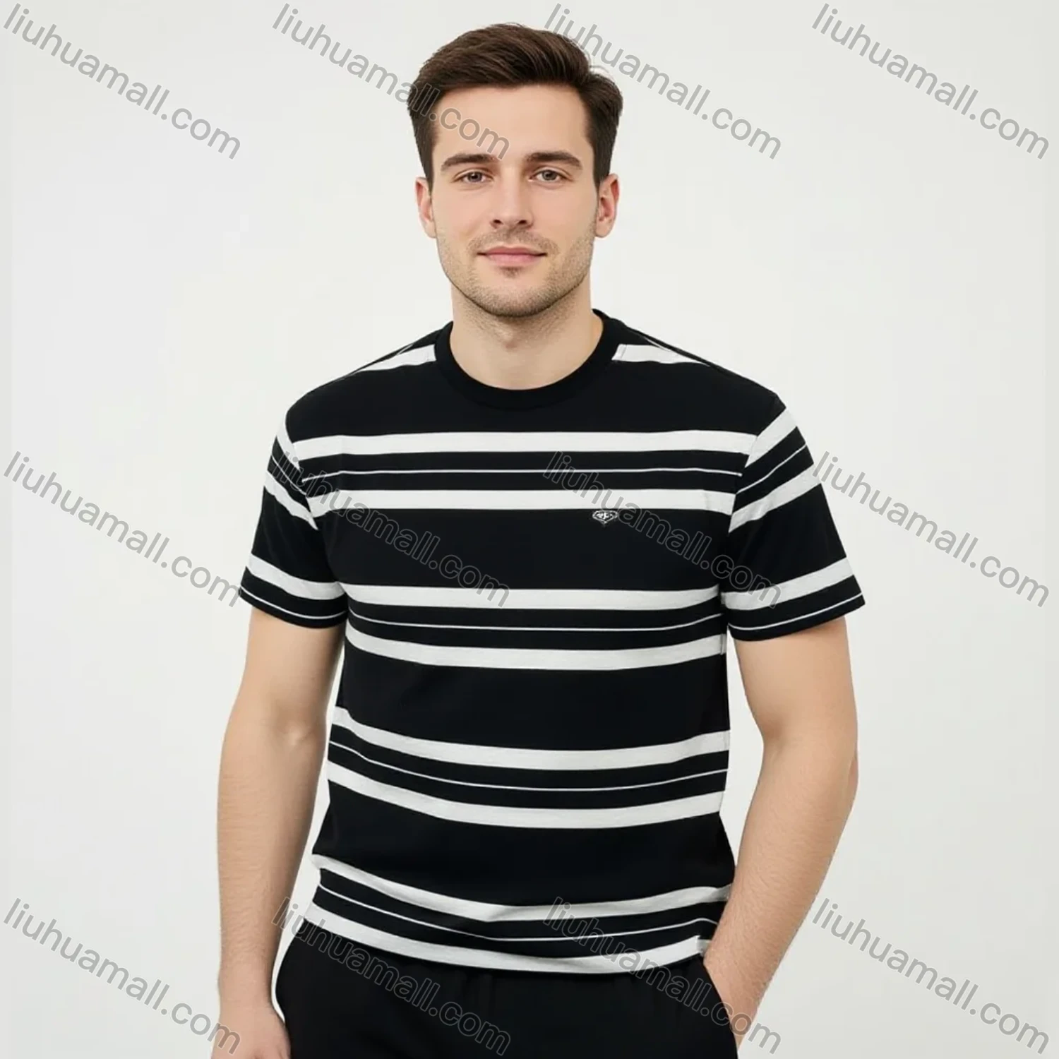 Wholesale Men's Black White Striped Tee Wholesale - Fashion Crewneck, Soft Cotton, Streetwear Style, Bulk Discount - Liuhuamall