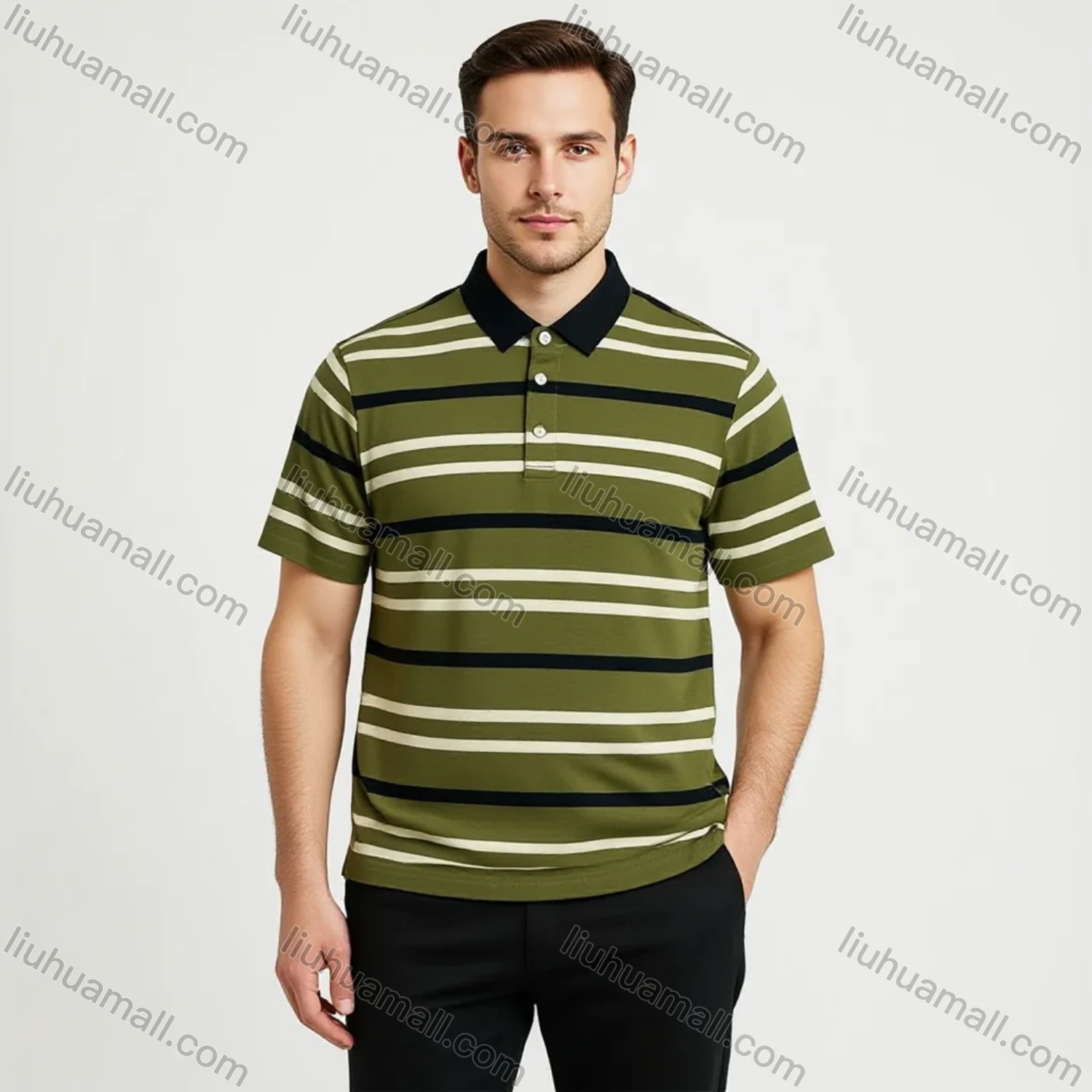 Wholesale Men's Green Black White Striped Polo Wholesale - 3-Button Collar, Short Sleeve, Cotton Blend, Bulk Orders - Liuhuamall