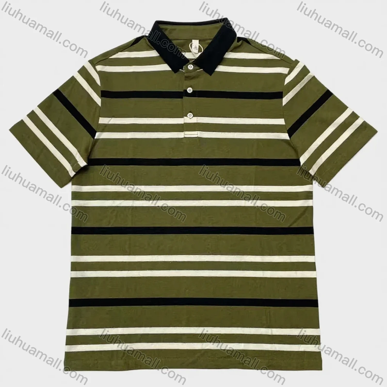 Wholesale Men's Green Black White Striped Polo Wholesale - 3-Button Collar, Short Sleeve, Cotton Blend, Bulk Orders - Liuhuamall