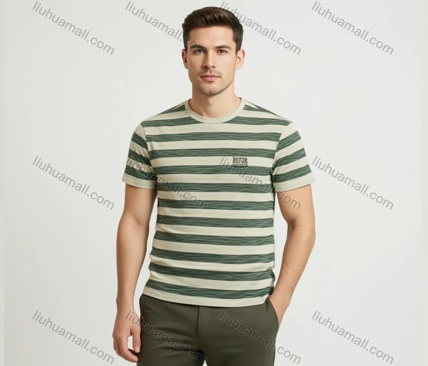 Wholesale Men's Green White Striped T-Shirt Wholesale - NYTOR Chest Logo, Soft Cotton, Crew Neck, Bulk Discounts - Liuhuamall
