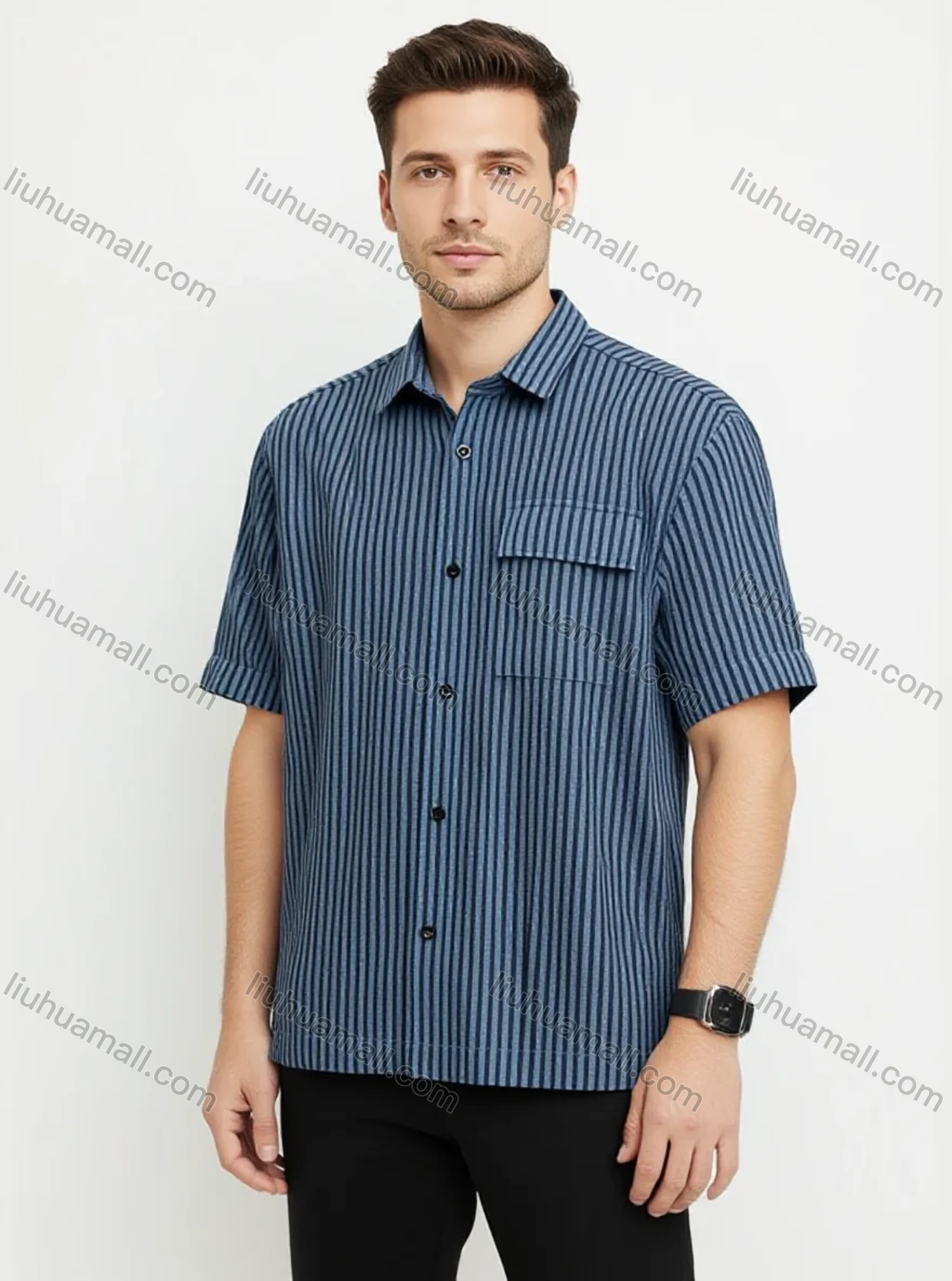 Wholesale Men's Blue Black Striped Shirt Wholesale - Short Sleeve, Chest Pocket, Button Front, Casual Style - Liuhuamall
