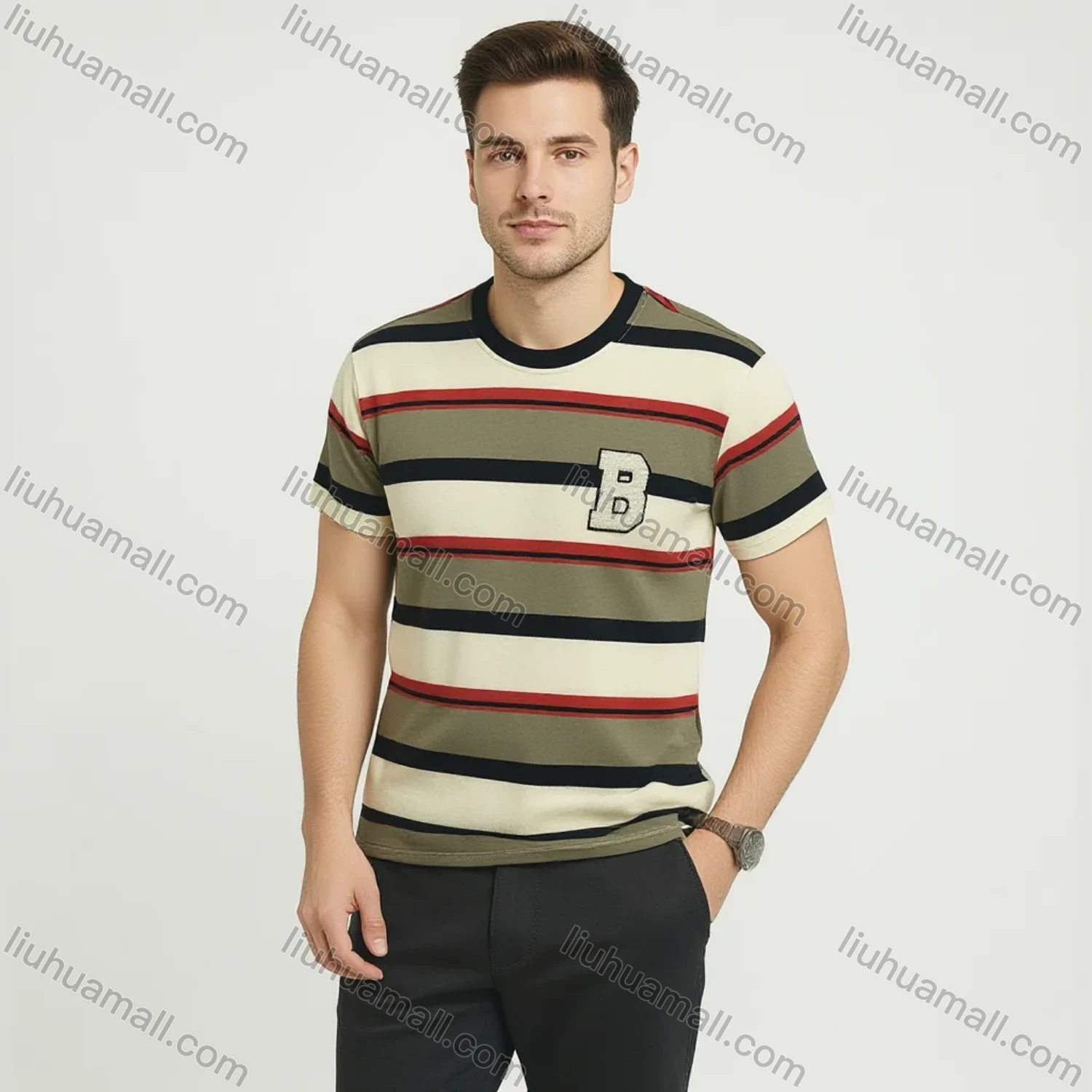 Wholesale Men's Beige Multi-Stripe T-Shirt Wholesale - Soft Cotton, Crew Neck, B Logo, Bulk Order Discounts - Liuhuamall