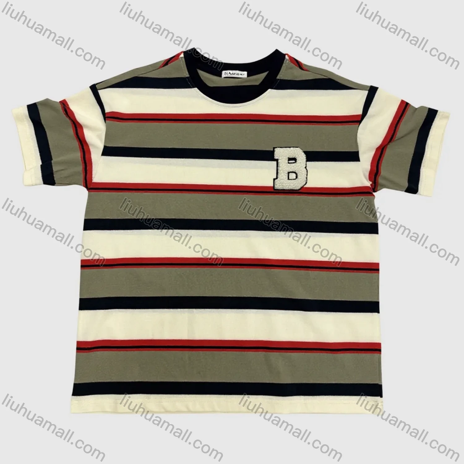 Wholesale Men's Beige Multi-Stripe T-Shirt Wholesale - Soft Cotton, Crew Neck, B Logo, Bulk Order Discounts - Liuhuamall