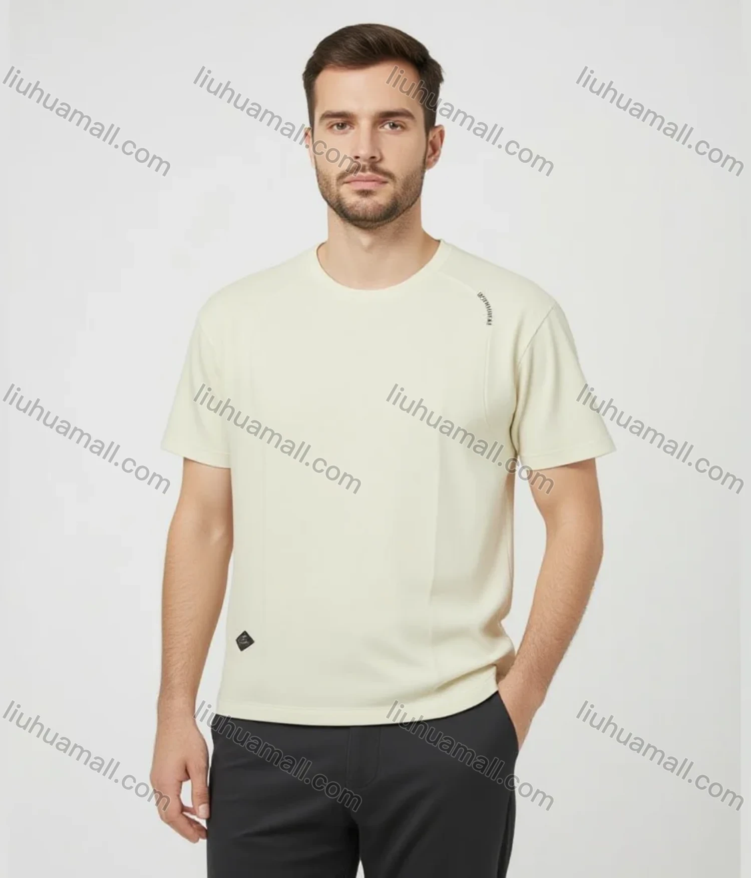 Wholesale Men's Beige T-Shirt Wholesale - Black Shoulder Logo, Soft Cotton, Crew Neck, Slim Fit, Bulk Discounts - Liuhuamall