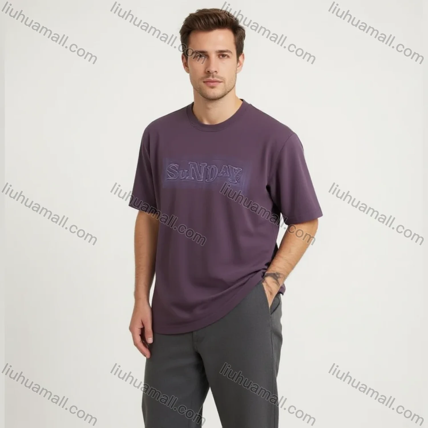 Wholesale Men's Purple SuNDAY T-Shirt Wholesale - Vintage Raised Letter Print, Soft Cotton, Short Sleeve, Bulk Discounts - Liuhuamall