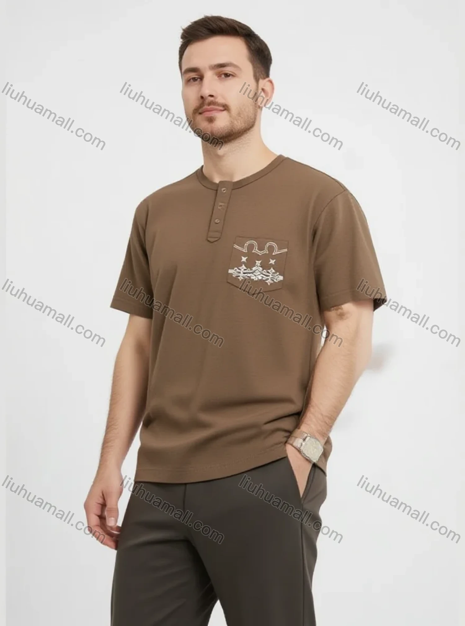Wholesale Men's Brown Henley T-Shirt Wholesale - 3-Button Placket, Chest Pocket, Soft Cotton, Casual Style, Bulk Orders - Liuhuamall