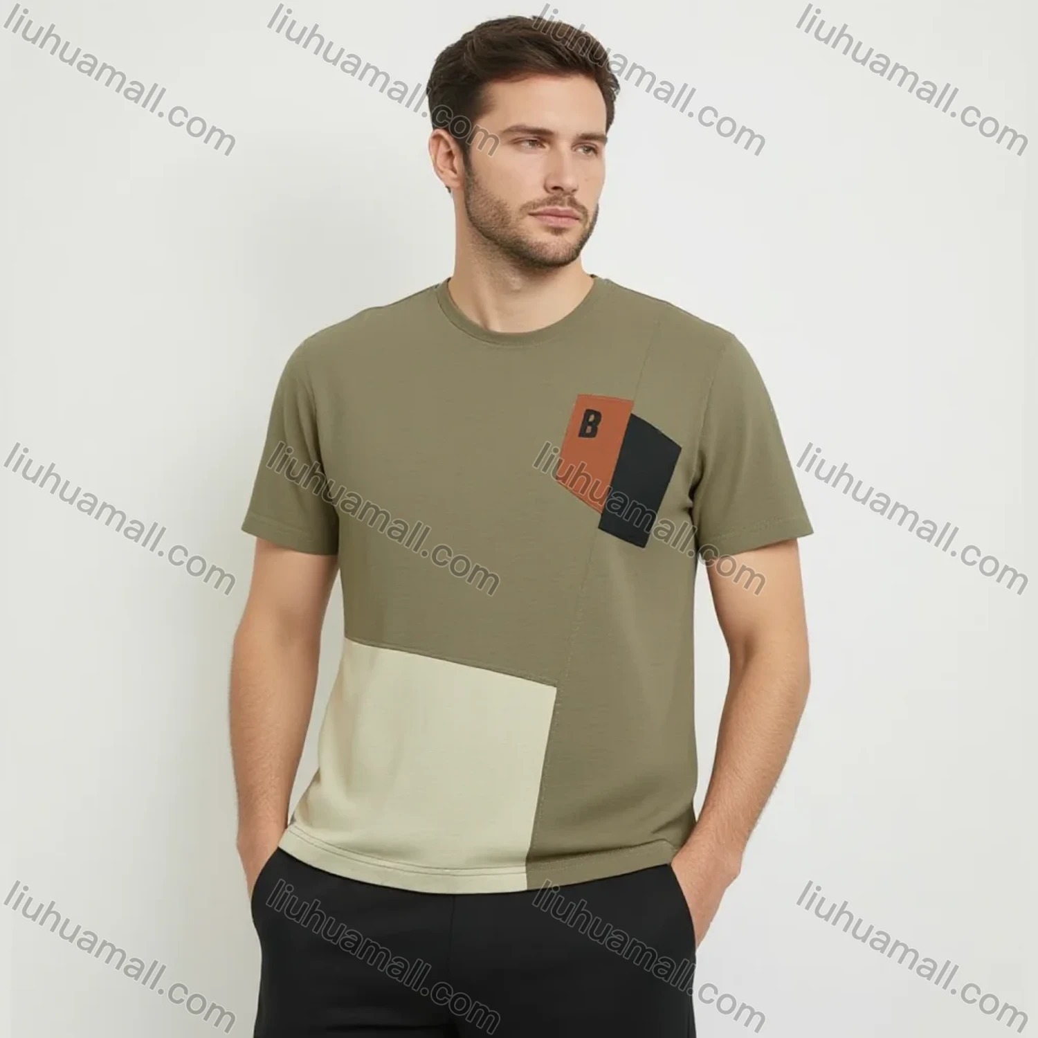 Wholesale Men's Olive Green Patchwork T-Shirt Wholesale - Geometric Chest Design, B Logo, Soft Cotton, Bulk Discounts - Liuhuamall