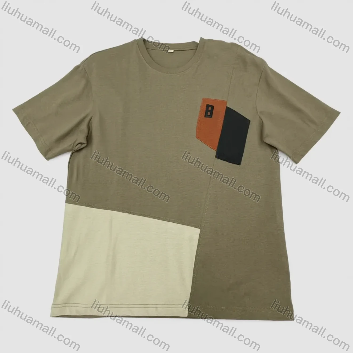 Wholesale Men's Olive Green Patchwork T-Shirt Wholesale - Geometric Chest Design, B Logo, Soft Cotton, Bulk Discounts - Liuhuamall