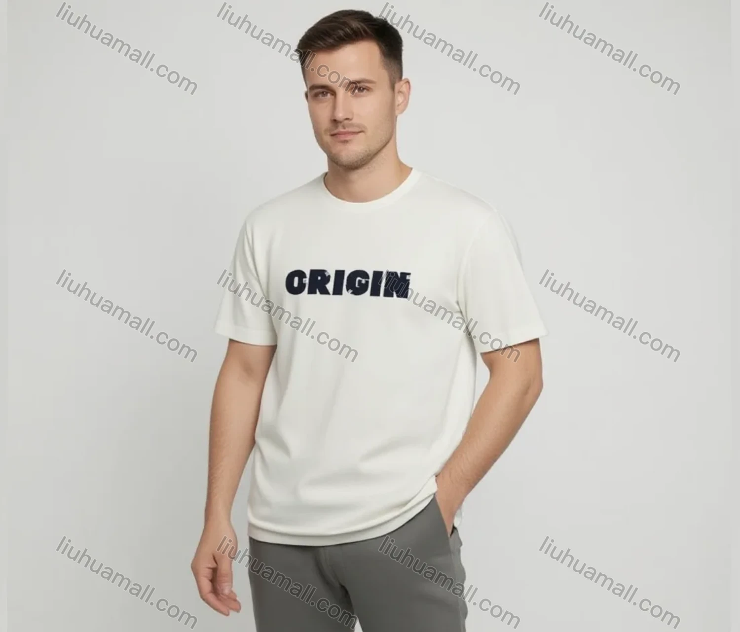 Wholesale Men's White ORIGIN T-Shirt Wholesale - Bold Black Print, Soft Cotton, Crew Neck, Casual Fit, Bulk Discounts - Liuhuamall