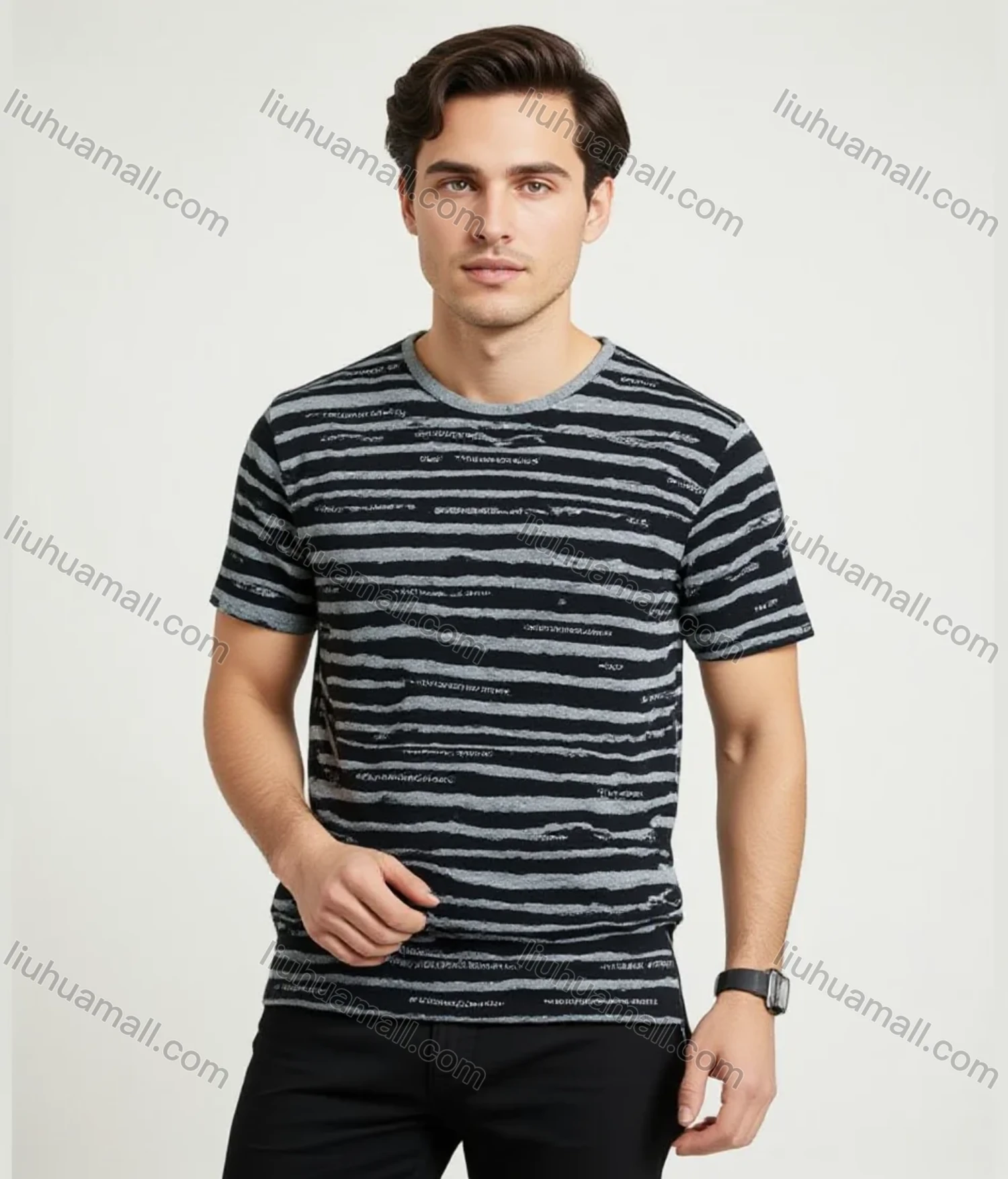Wholesale Men's Striped T-Shirt - Soft Fabric, Subtle Text Design, Casual Comfort. Bulk Buy Now! - Liuhuamall