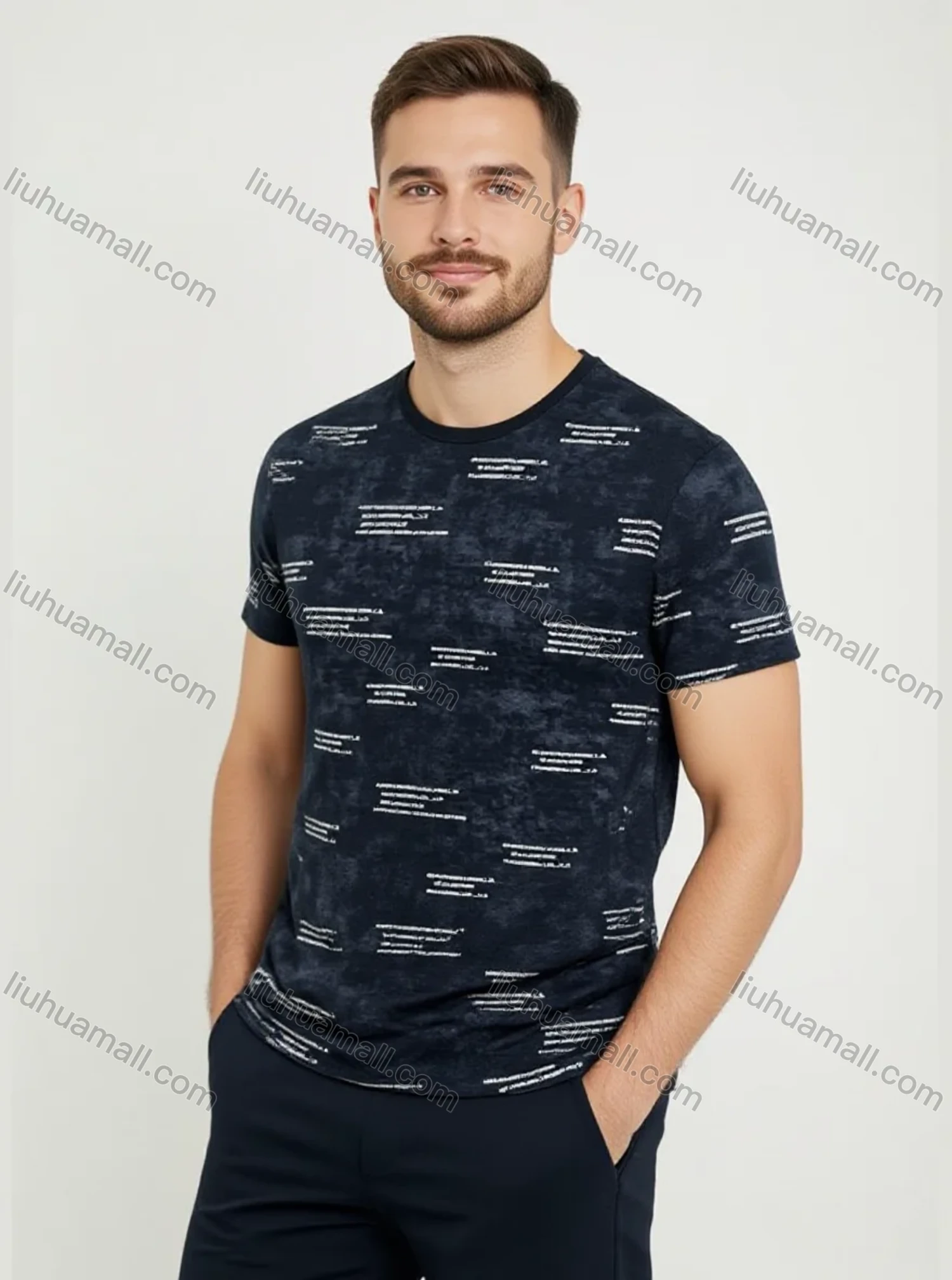 Wholesale men's Black tee - soft cotton, bold white text print, relaxed fit, breathable & comfy, ideal for bulk - Liuhuamall