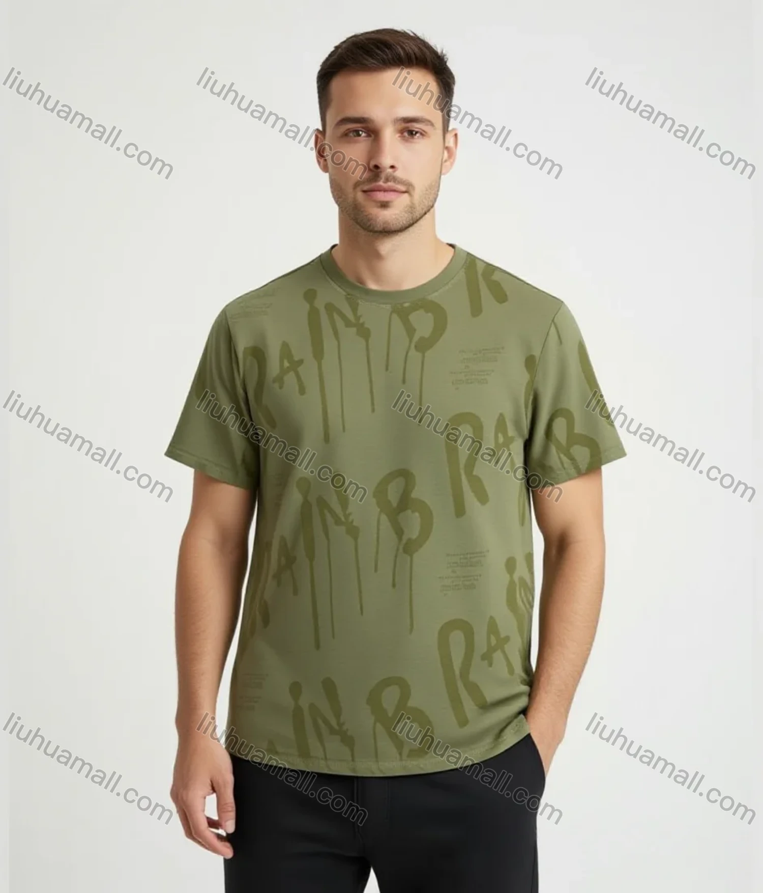 Wholesale men's short - sleeve tee! Olive green base, covered in unique dark patterns. Made of soft, comfy fabric. Ideal - Liuhuamall