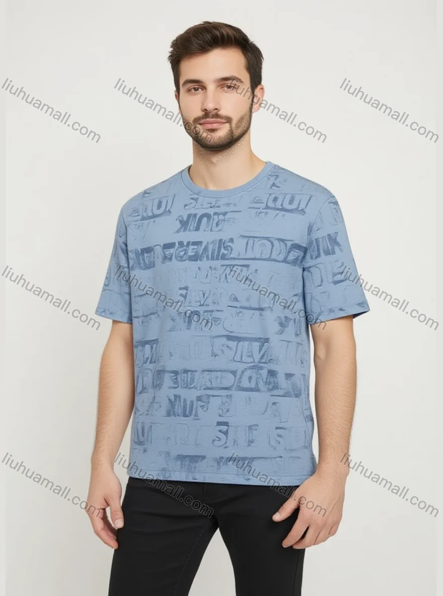 Wholesale Summer Short Sleeve Tee – White & Blue Graphic Tee, Loose Fit, Soft & Breathable for Men. - Liuhuamall
