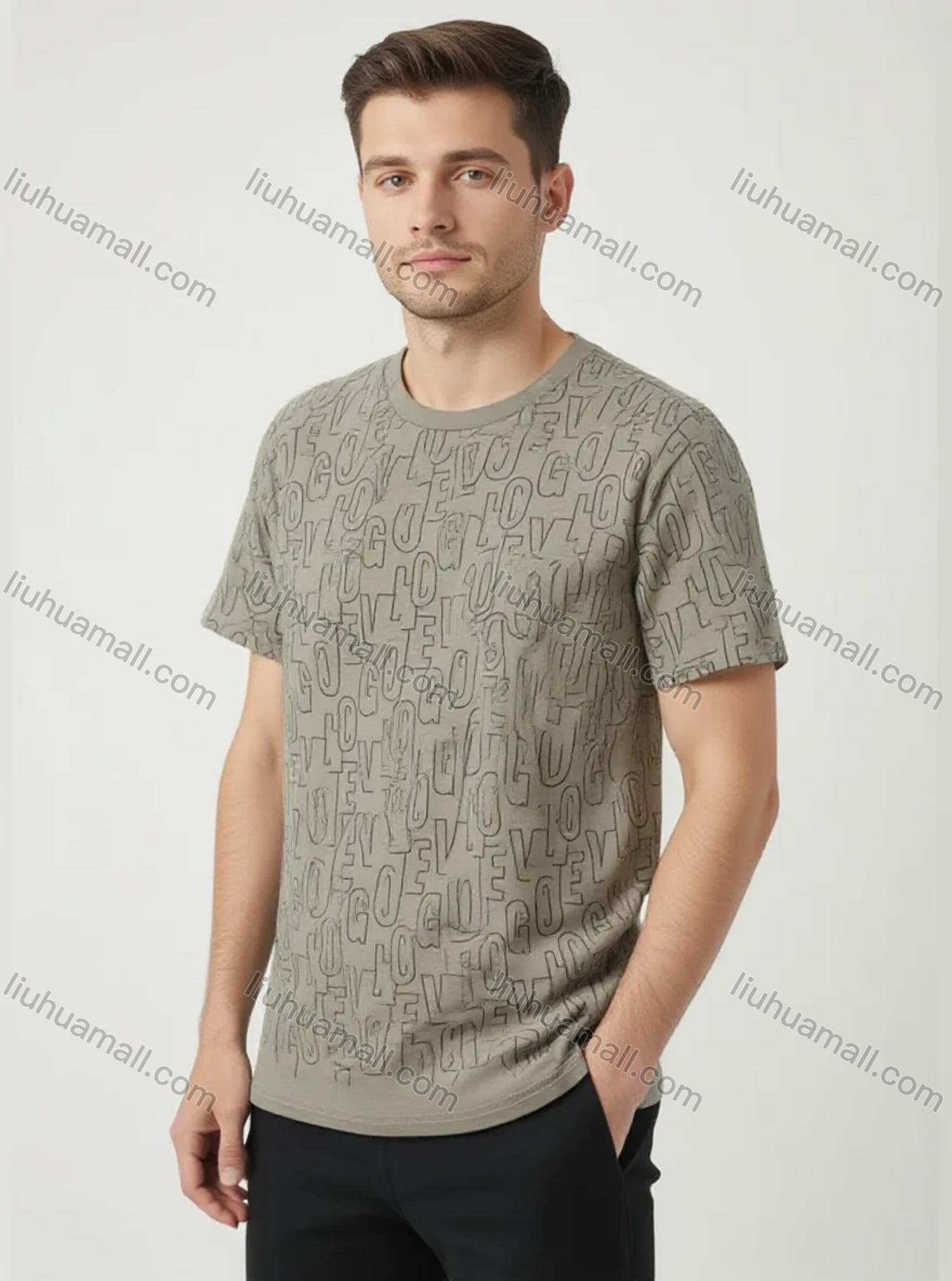 Wholesale Men's Lt. Gray Alphanumeric Print Crew Neck Tee - Loose Fit, Soft Breathable, Trendy Bulk Order - Liuhuamall