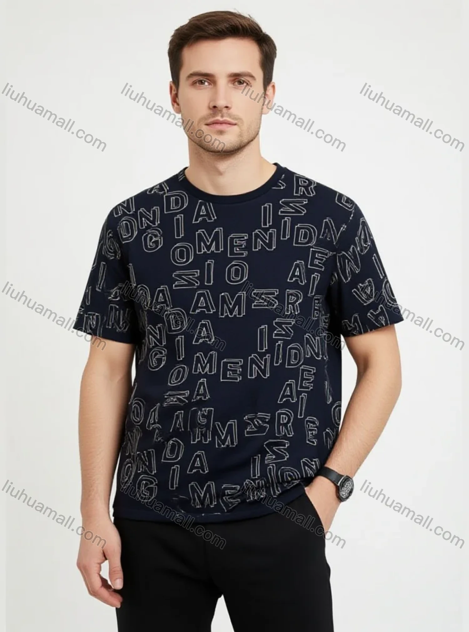 Wholesale Men's Black Tee w/ White Alphabet Print - Loose Fit, Lightweight & Breathable, Bulk Order Trendy - Liuhuamall