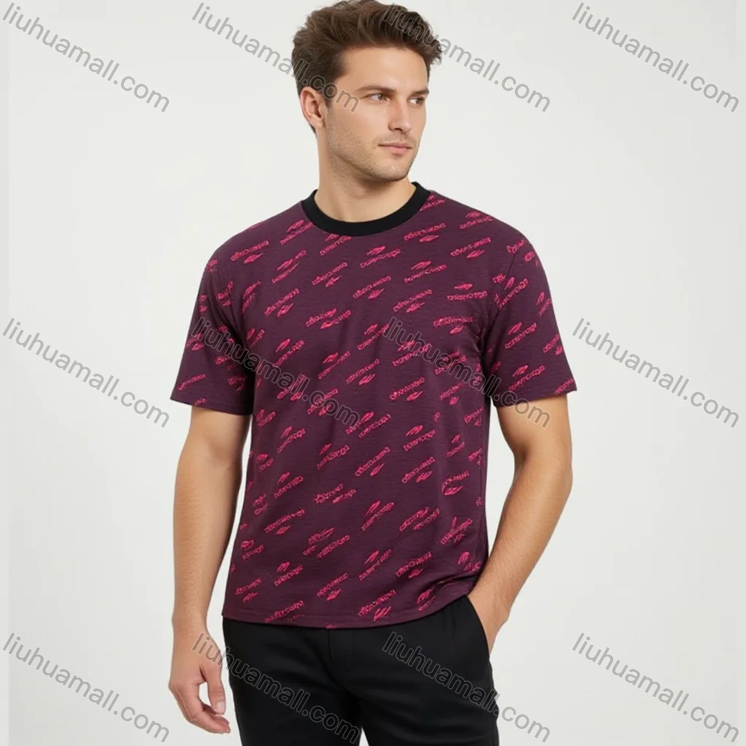 Wholesale Men's Burgundy Pink Alphabet Tee - Short Sleeve Crew Neck, Loose Fit, Lightweight & Breathable, Bulk Order! - Liuhuamall