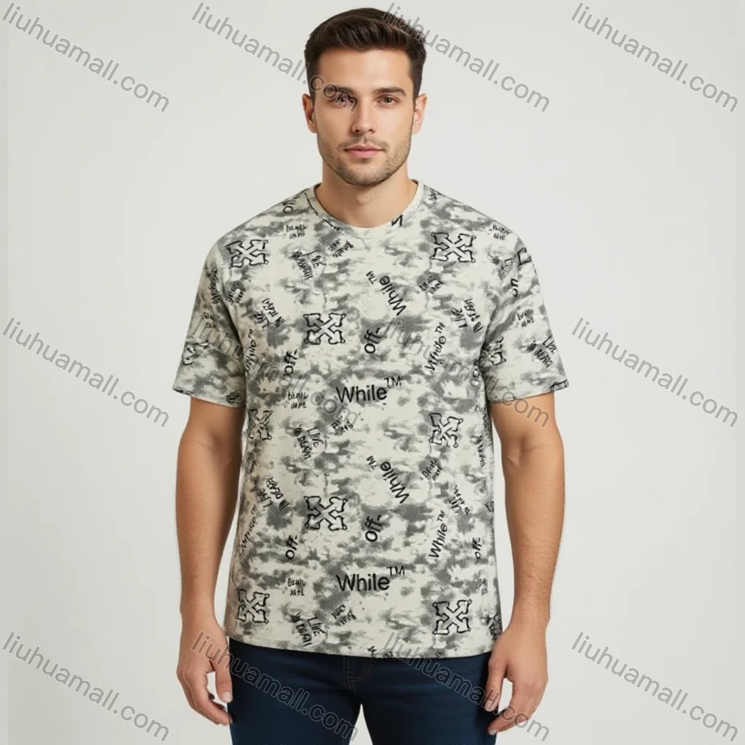 Wholesale Men's White Short Sleeve Tee - All - Over Alphabet Print, Loose Fit, Lightweight & Breathable, Bulk Order! - Liuhuamall