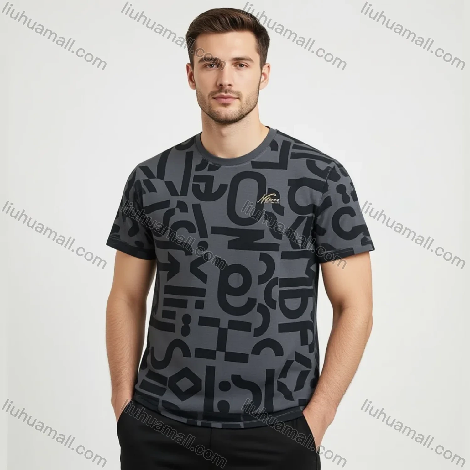 Wholesale Men's Dark Gray Short Sleeve Tee - Bold Black Lettering & Geo Prints, Loose Fit, Lightweight & Breathable, Bul - Liuhuamall