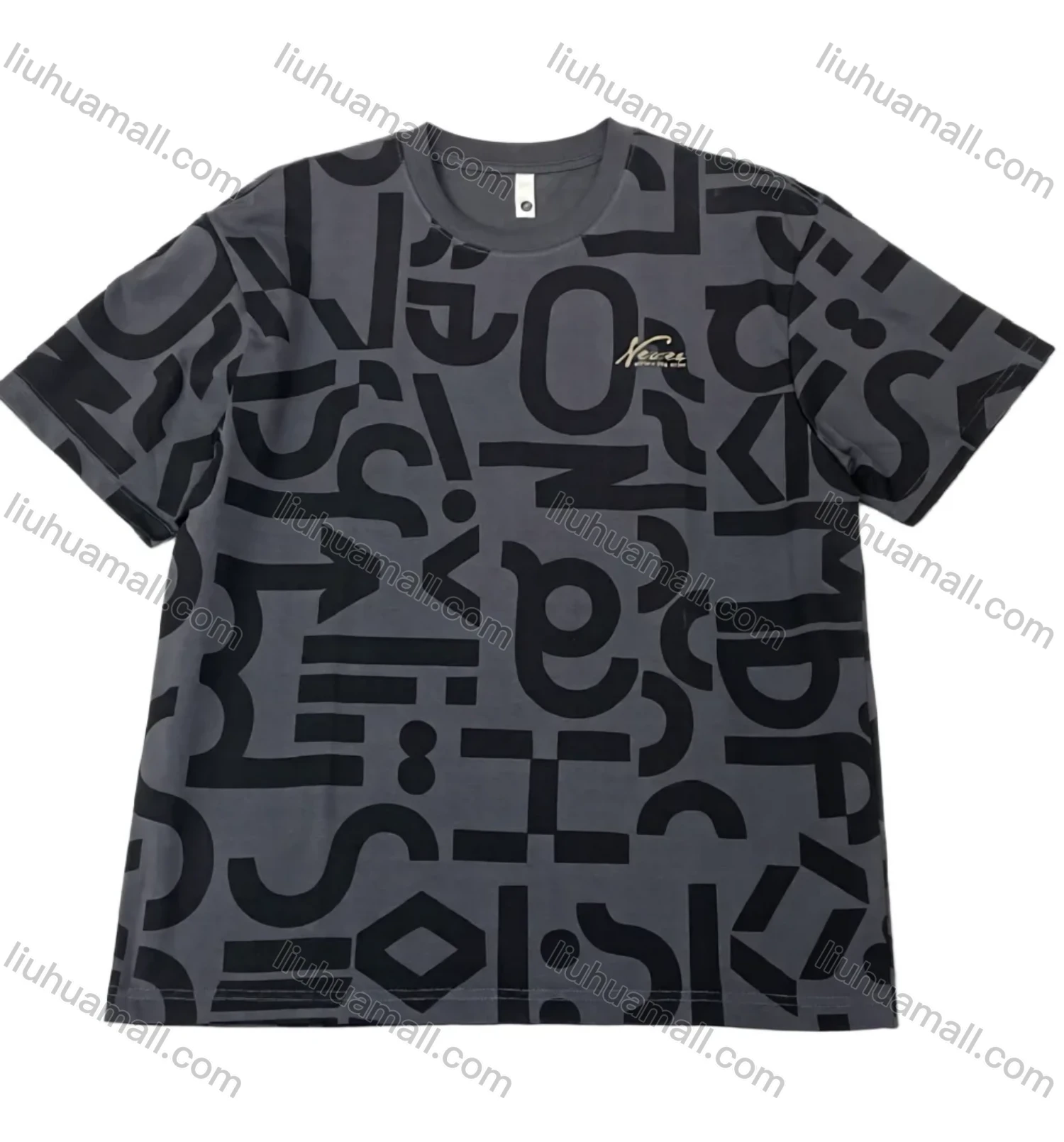 Wholesale Men's Dark Gray Short Sleeve Tee - Bold Black Lettering & Geo Prints, Loose Fit, Lightweight & Breathable, Bul - Liuhuamall