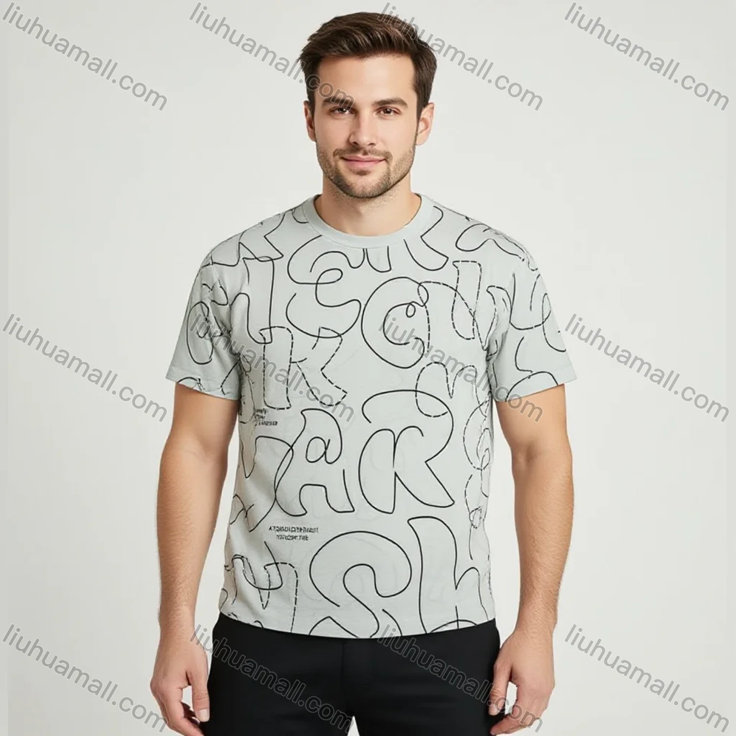 Wholesale Men's White Loose Fit Tee - Bold Black Line Art & Abstract Prints, Breathable Cotton, Bulk Buy! - Liuhuamall