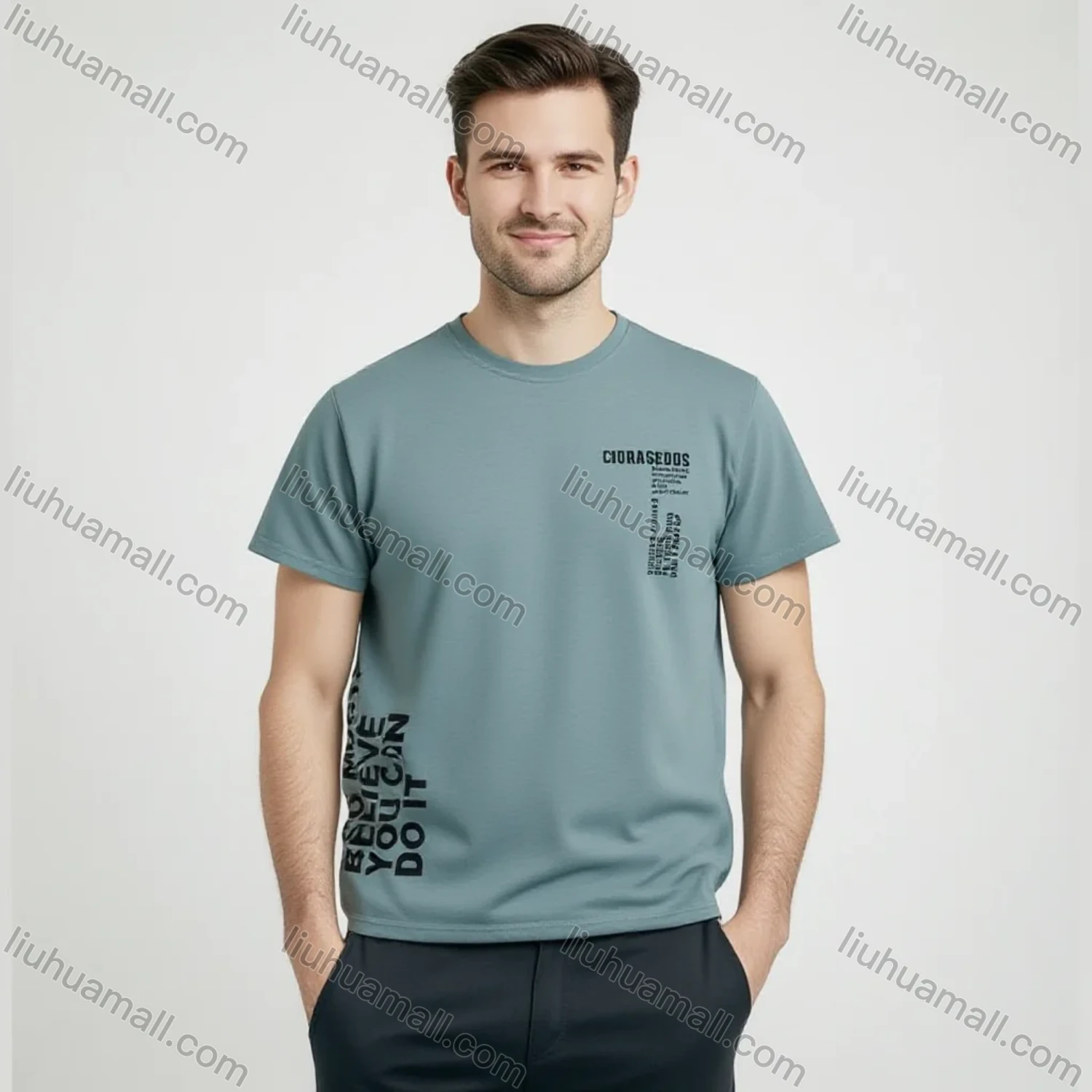 Wholesale Men's Light Blue Loose Tee – Bold Motivational Quotes, Soft Cotton, Trendy Streetwear, Bulk Order - Liuhuamall