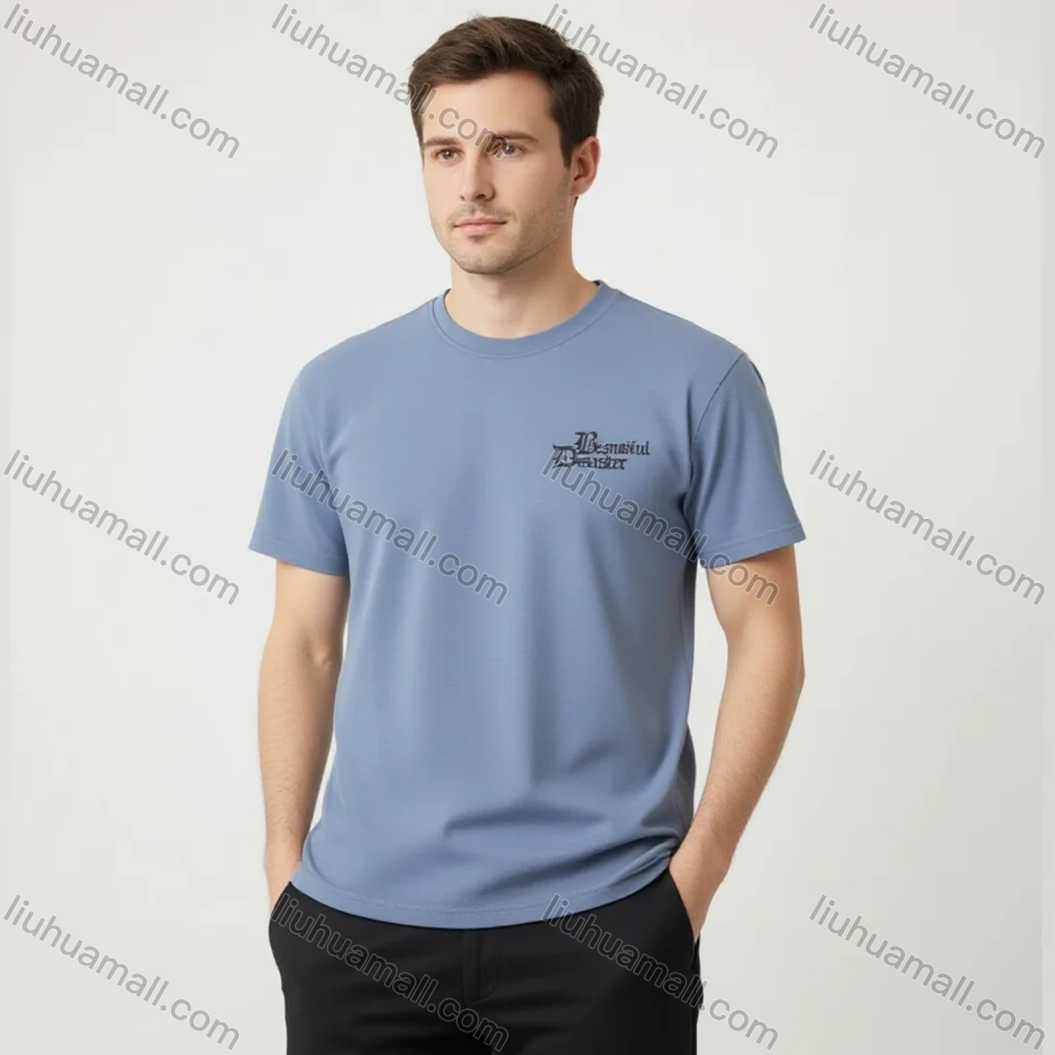 Wholesale Men's Loose Light Blue Tee - 'Beautiful Disaster' Print, Minimalist Chic, Bulk Deals - Liuhuamall