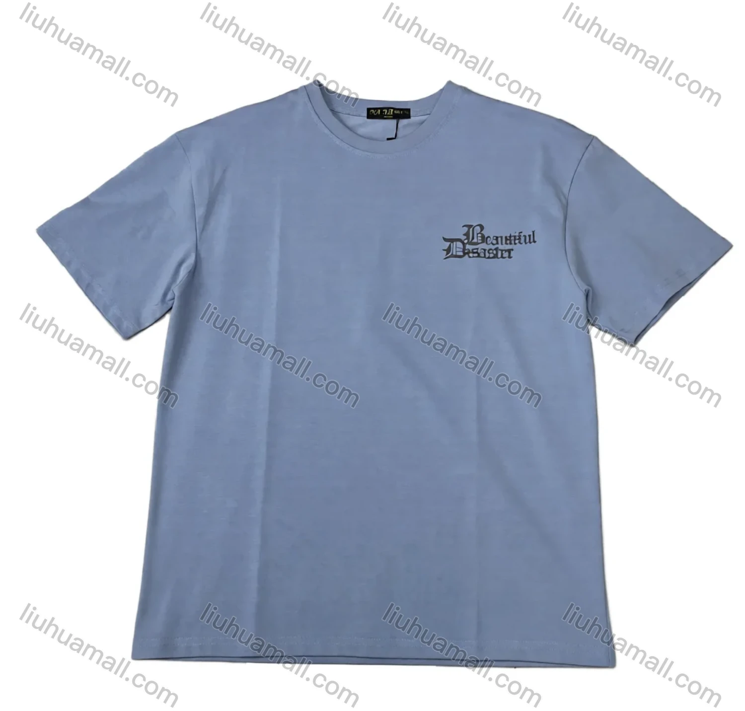 Wholesale Men's Loose Light Blue Tee - 'Beautiful Disaster' Print, Minimalist Chic, Bulk Deals - Liuhuamall