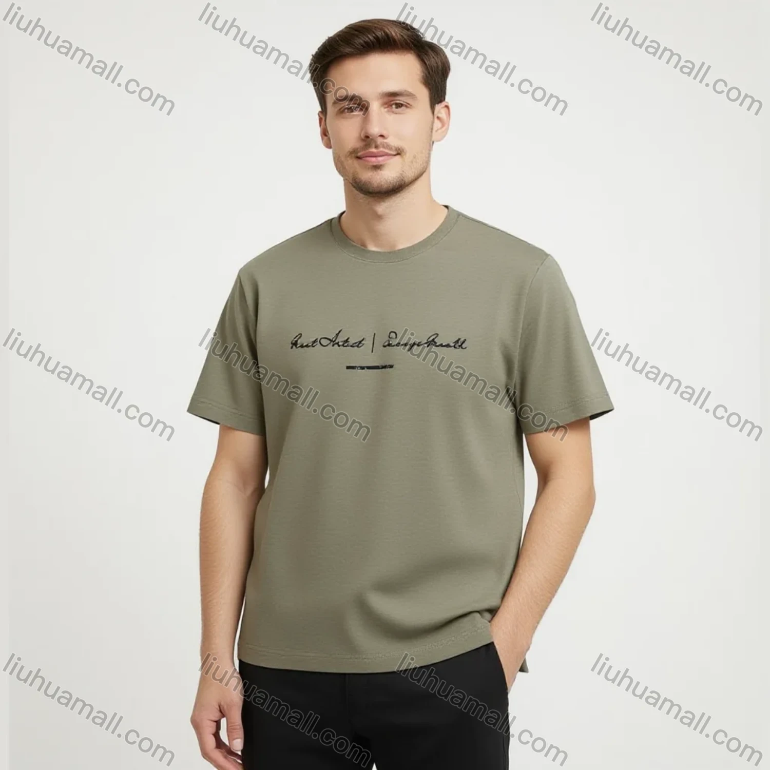 Wholesale Men's Olive Brown Tee - 'Great Artist | Encourage Growth' Print, Minimalist Casual Bulk Deals - Liuhuamall