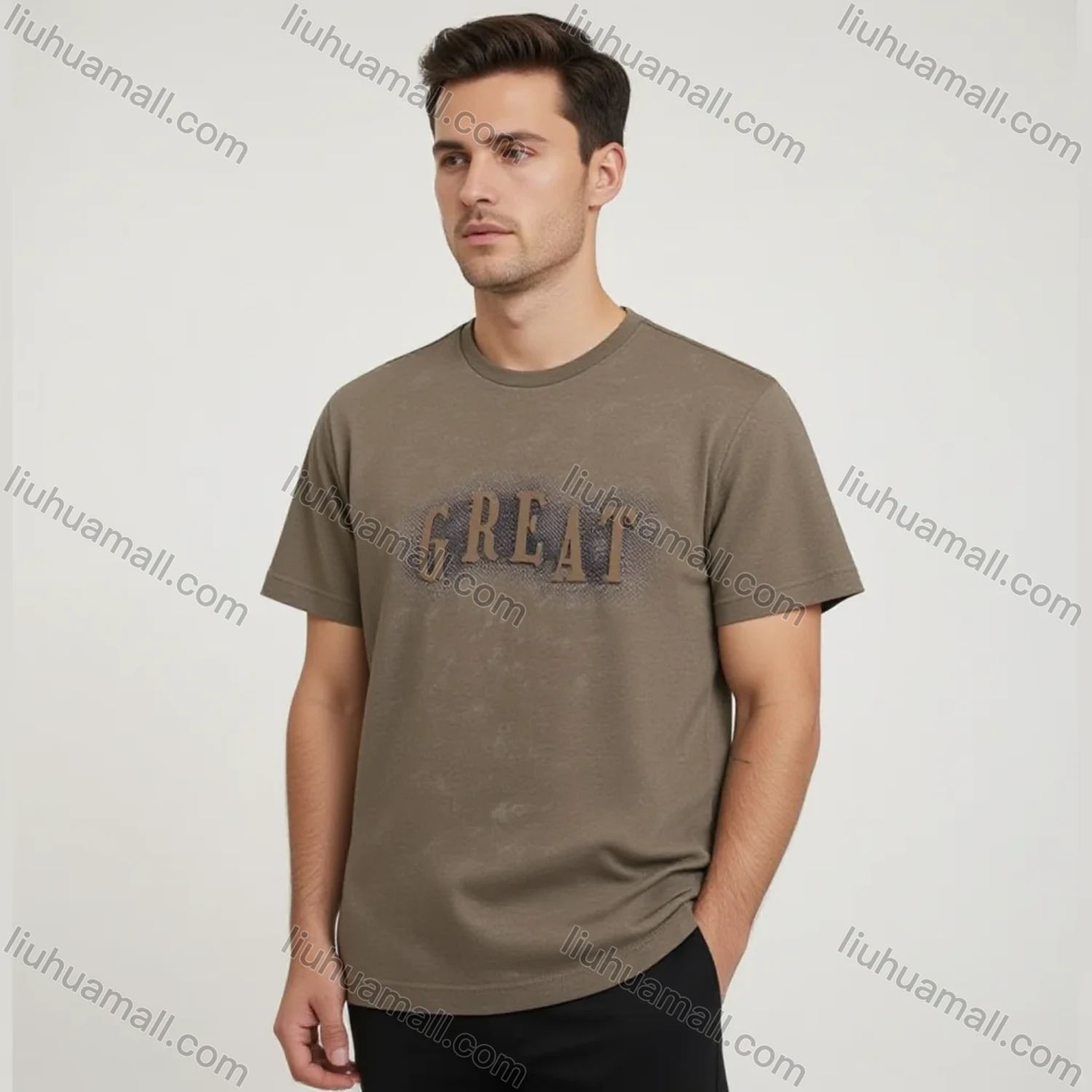 Wholesale Men's Brown Short Sleeve Tee - Chest 'GREAT' Graphic, Minimalist Casual Streetwear Bulk Order - Liuhuamall
