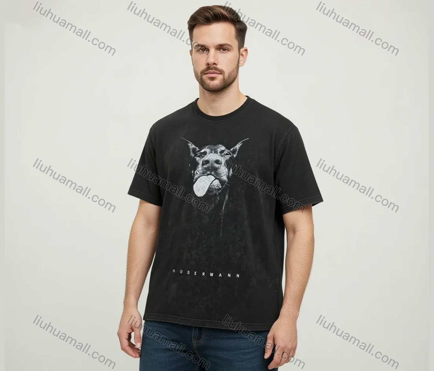 Wholesale Men's Black Tee – 'DOBERMANN' Print w/ Dog Graphic, Minimalist Casual Bulk Deals! - Liuhuamall