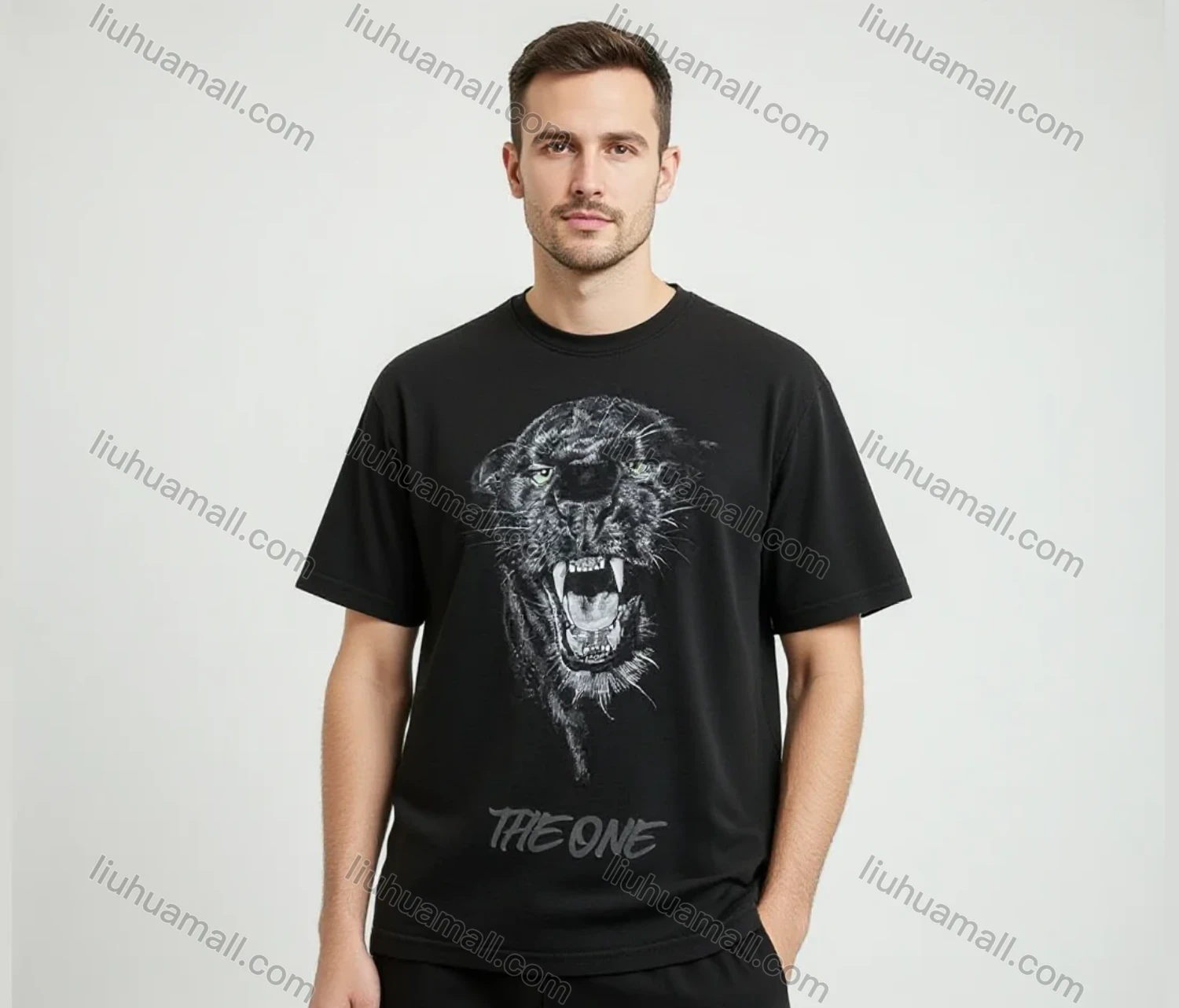 Wholesale Men's Solid Black Short Sleeve Tee – Ferocious Panther & 'THE ONE' Print, Minimalist Streetwear Bulk Order - Liuhuamall
