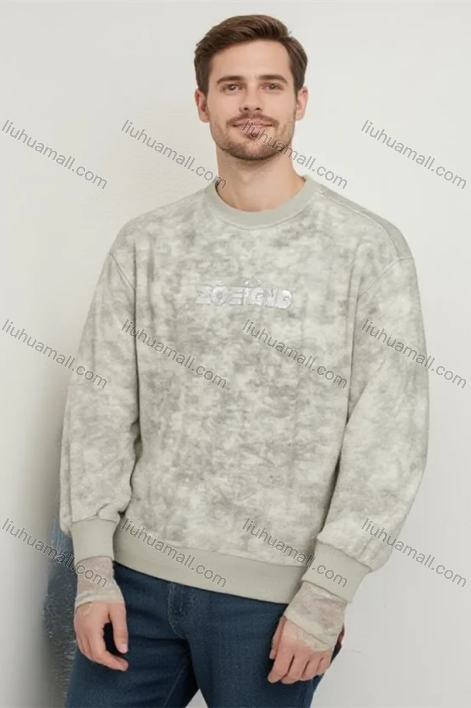 Wholesale Men's Light Gray Long - sleeve Sweatshirt – Unique ZOEIEND Abstract Print, Trendy Streetwear Bulk Order - Liuhuamall