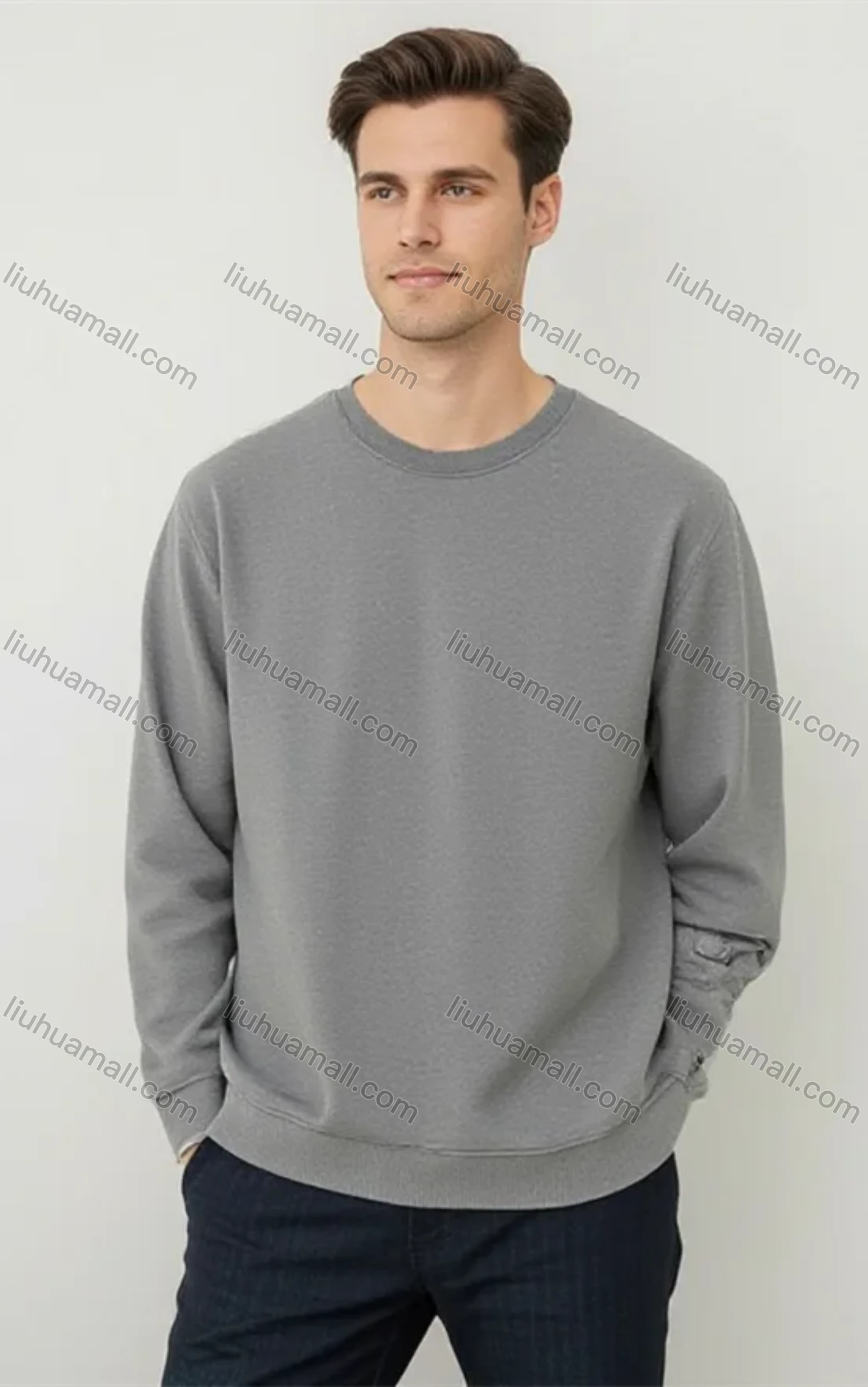 Wholesale Men's Gray Long - Sleeve Sweatshirt – Minimalist Sleeve Label, Clean Background Bulk Order - Liuhuamall