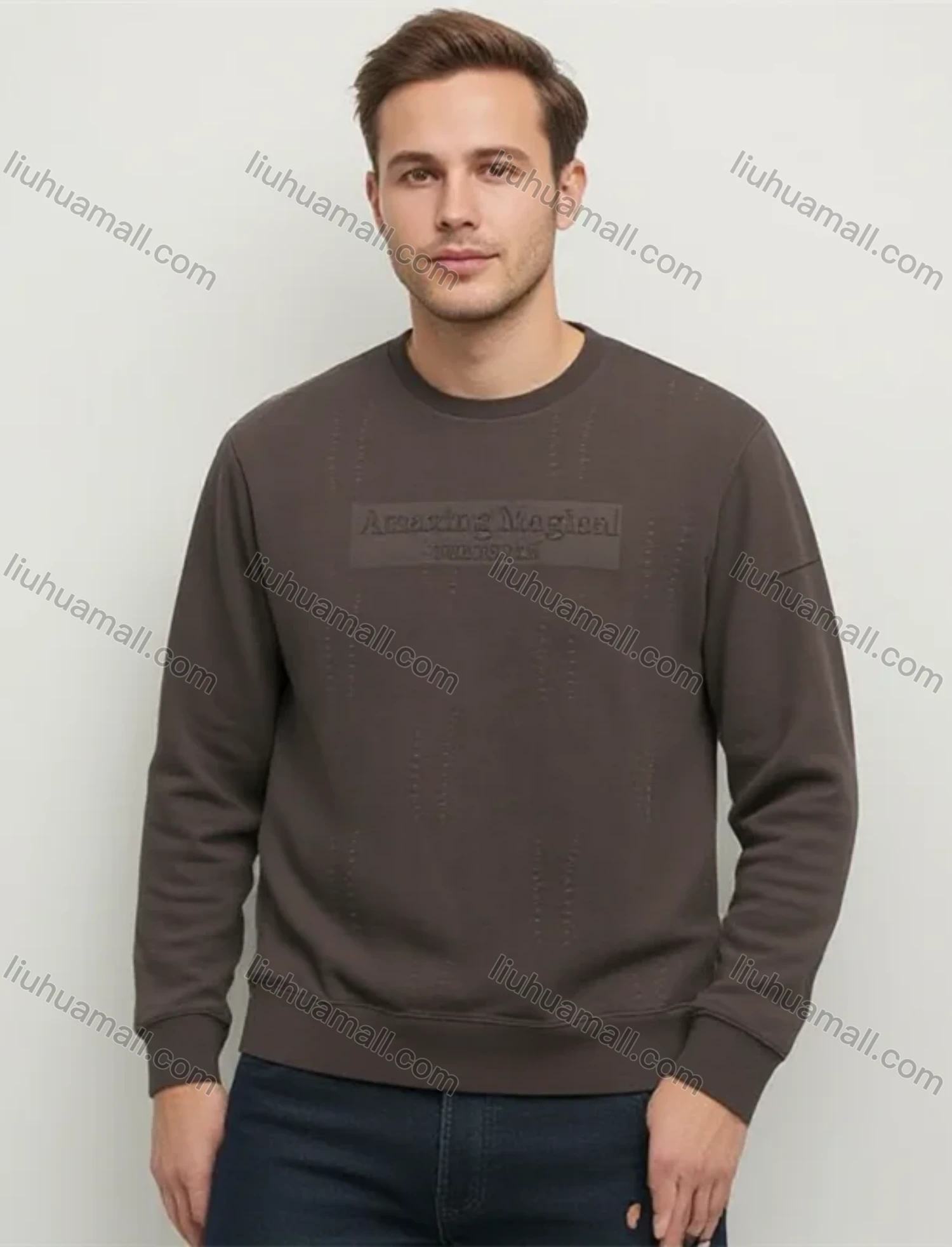 Wholesale Dark Brown Long Sleeve Crew Neck Sweatshirt "Amazing Magical THEYOUTH" Embossed Soft Casual Top - Liuhuamall