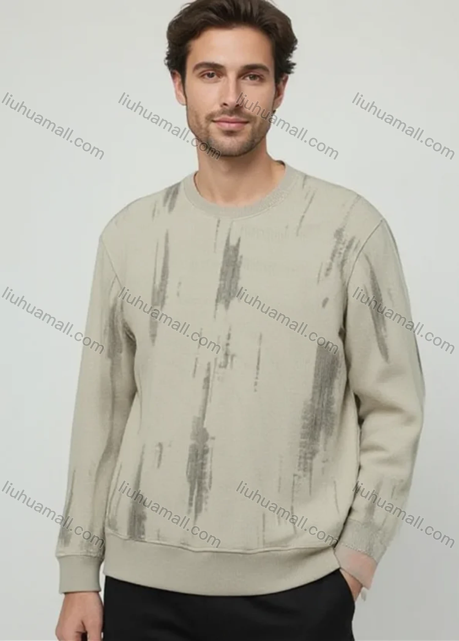 Wholesale Light Beige Long Sleeve Crewneck Sweatshirt - Brush Stroke Design Trendy Streetwear Top Bulk Buy - Liuhuamall