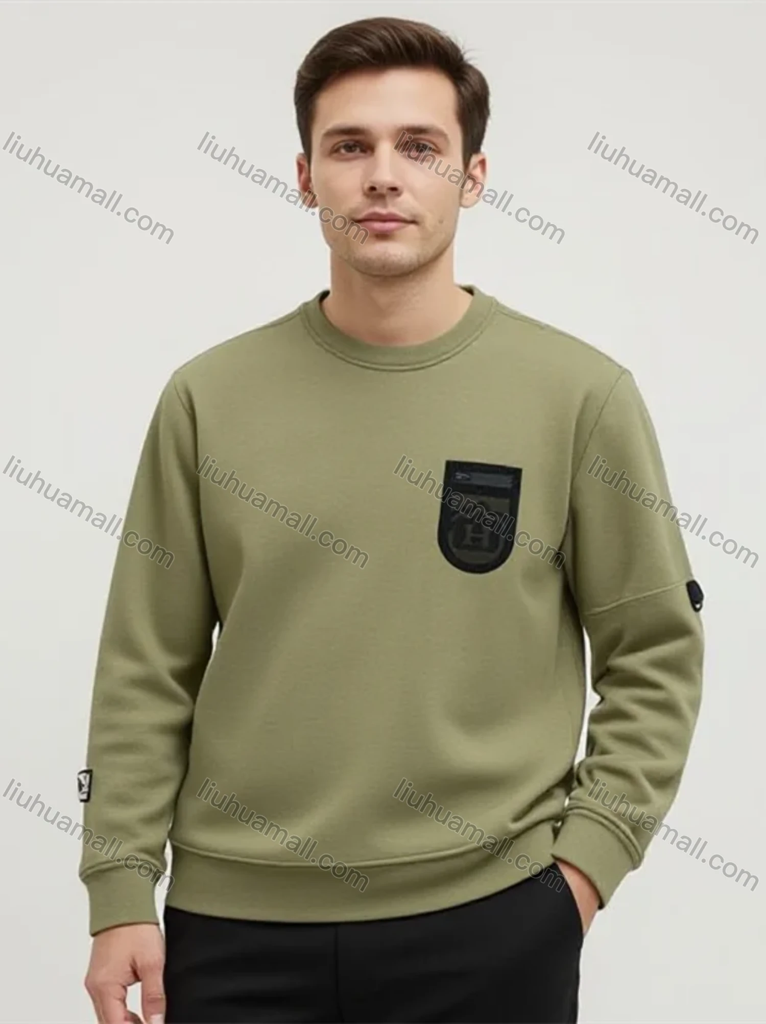 Wholesale Long Sleeve Crew Neck Sweatshirt - Army Green w/Stylish Patches, High Quality Fabric. Perfect for Bulk Orders - Liuhuamall